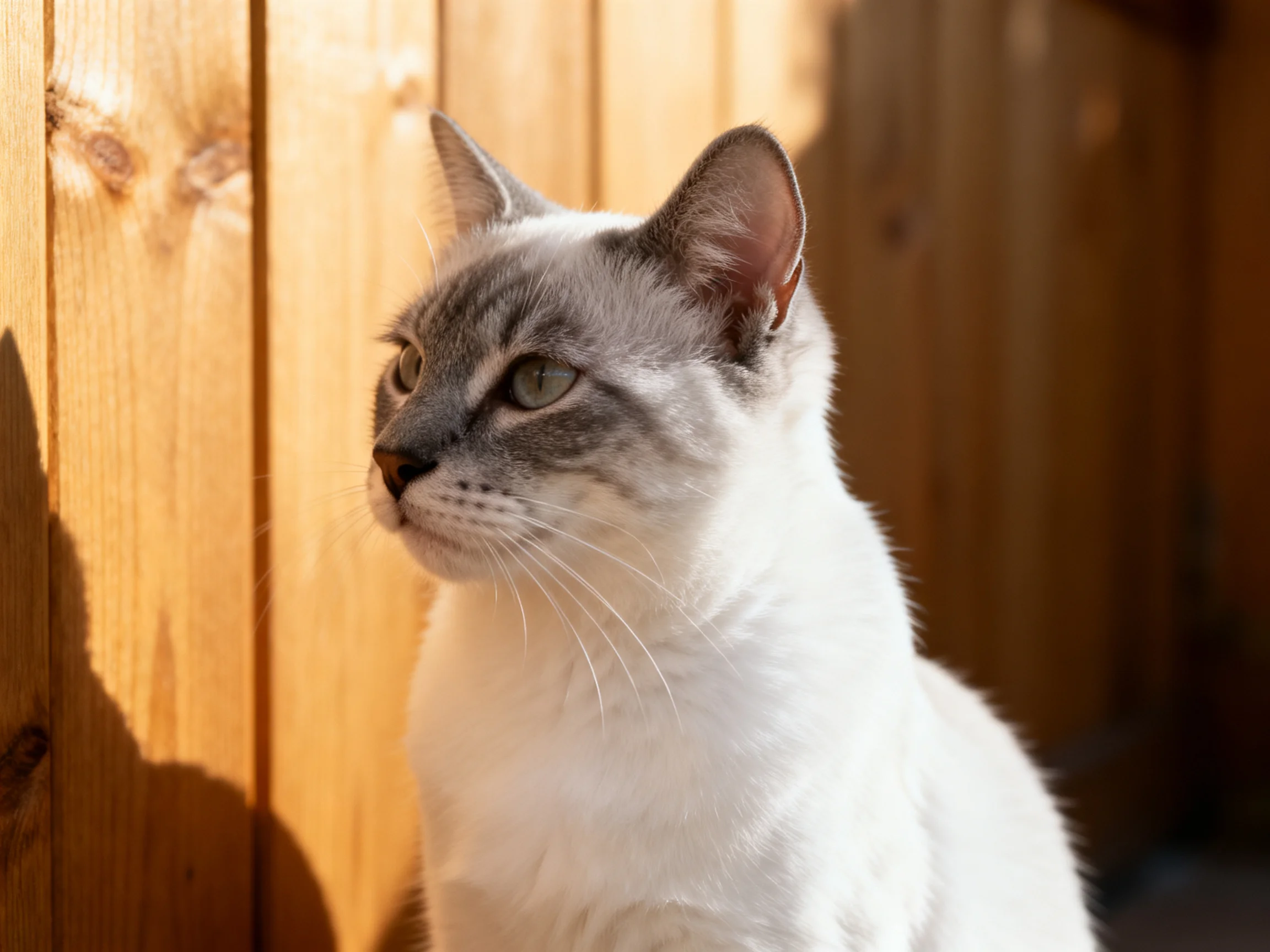 A gray-and-white cat sits by a wooden fence under bright sunlight
