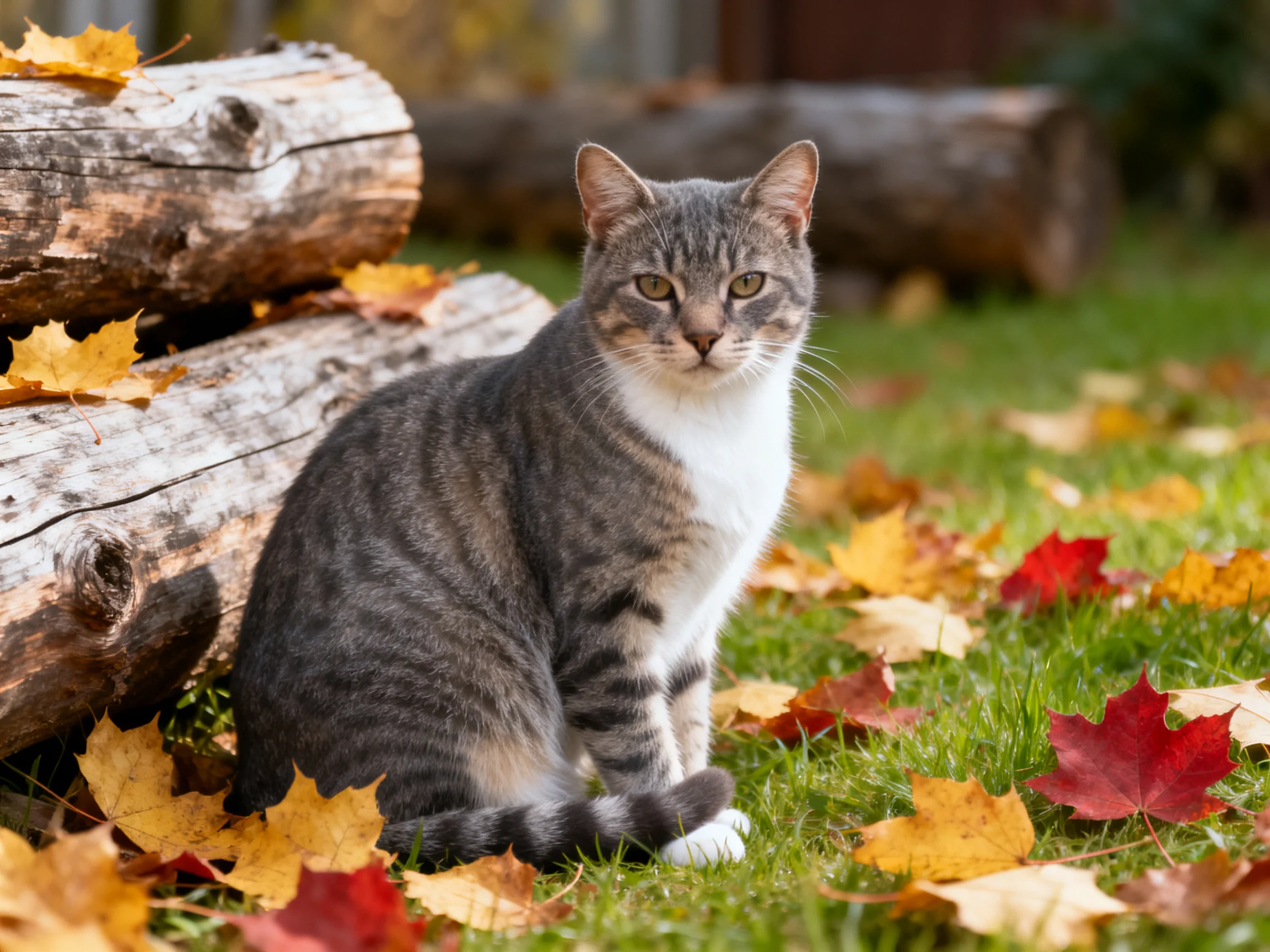 A gray and white cat sits near stacked logs amid colorful fallen leaves