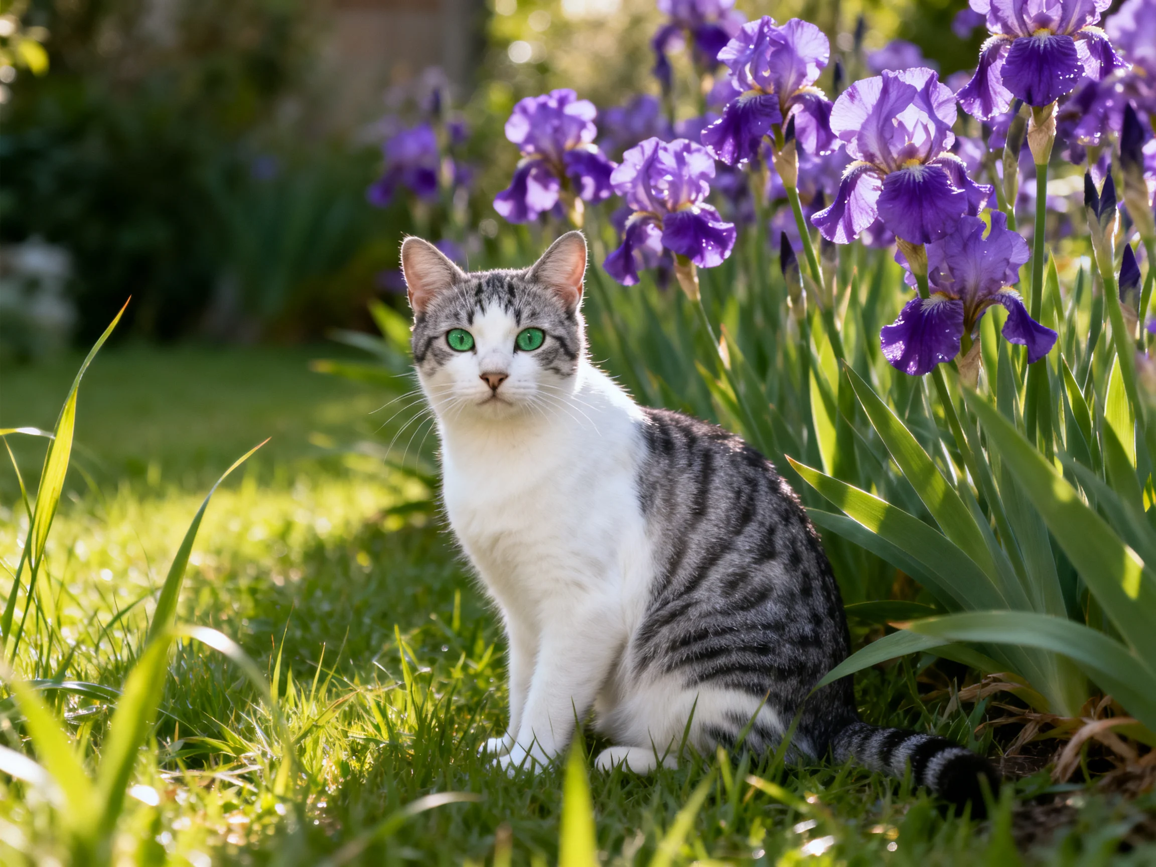 A gray-and-white cat sits near purple iris flowers in a sunlit garden