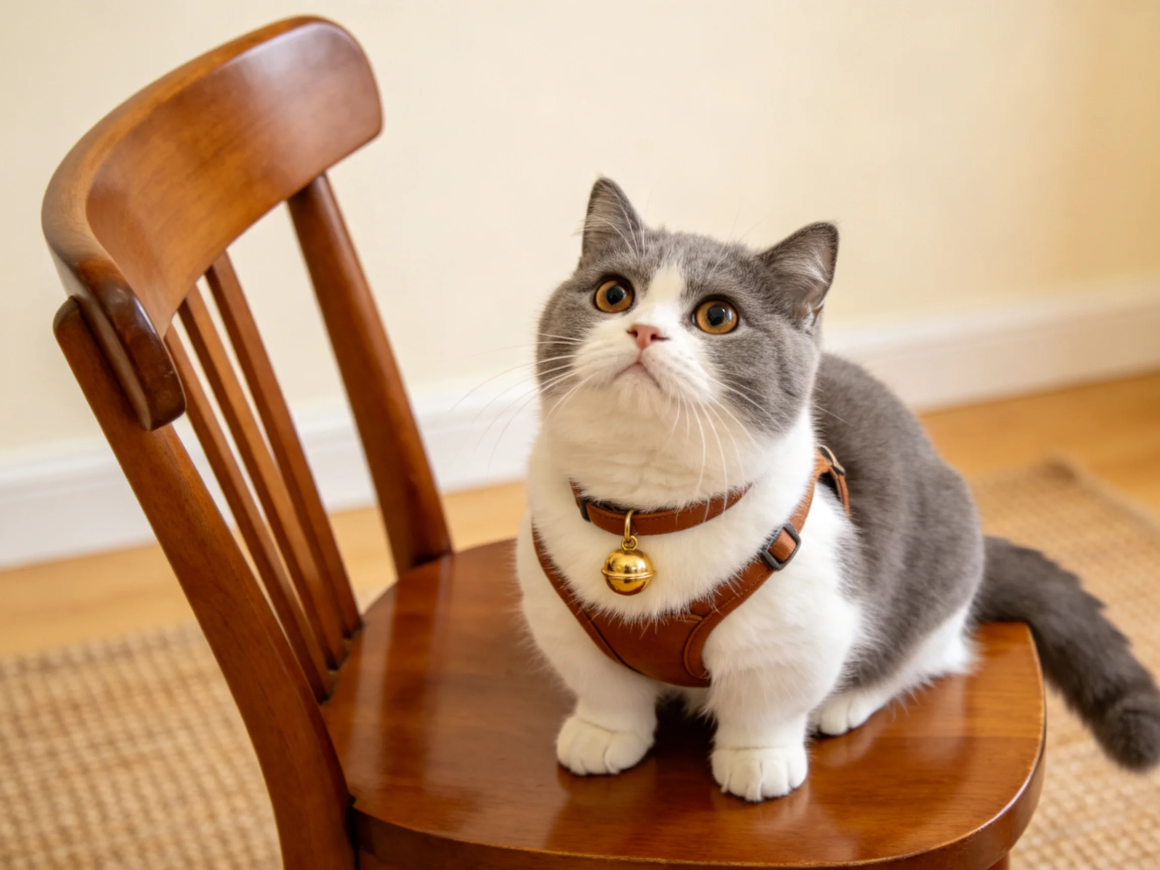 A gray and white cat sits on a polished wooden chair with a brown harness