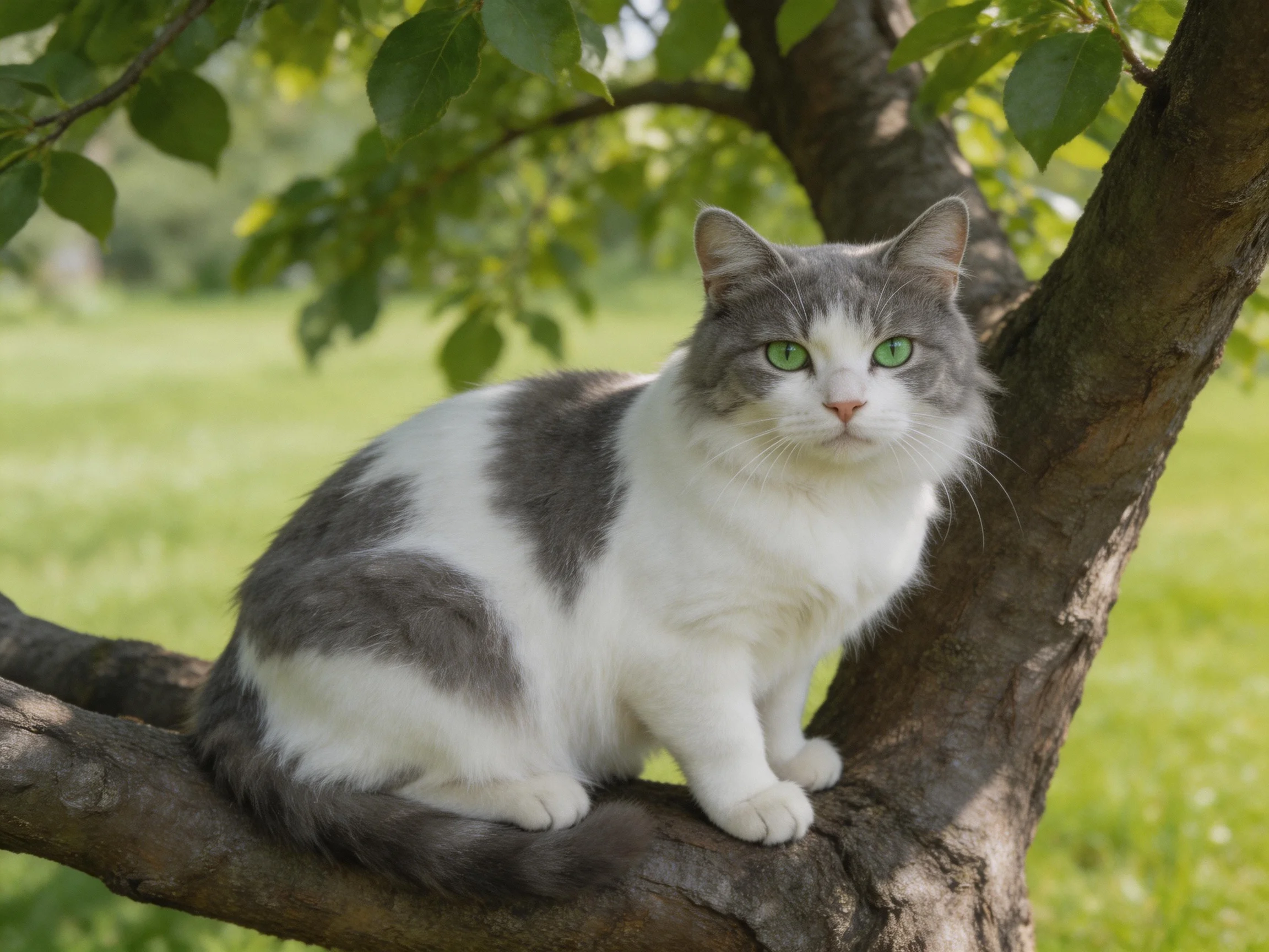 A gray-and-white cat rests on a tree branch in a sunlit, leafy area.