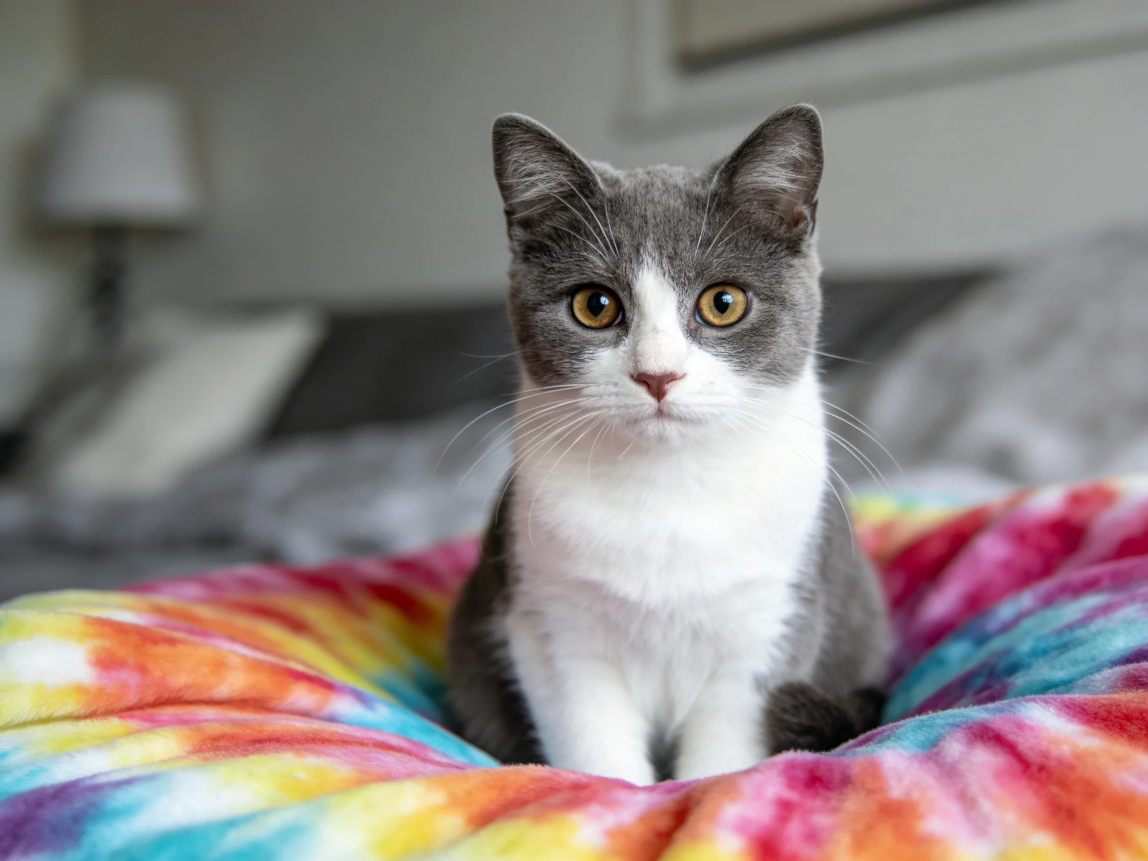A gray and white cat rests on a colorful cushion in a softly lit bedroom.