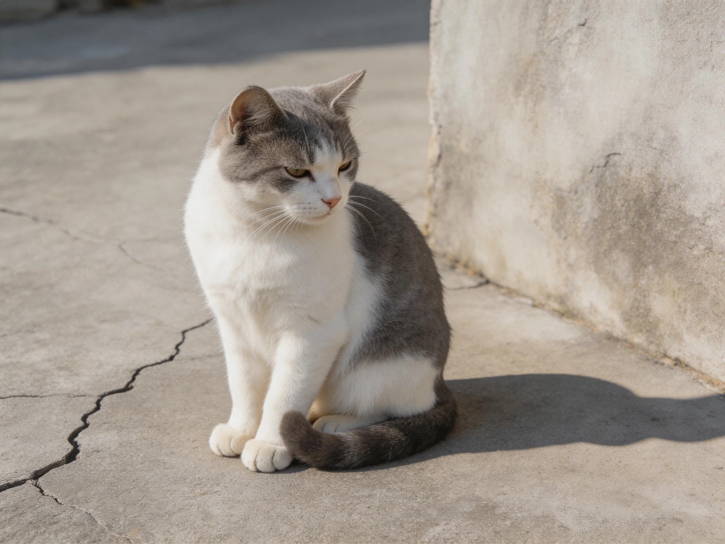 A gray-and-white cat sits on cracked concrete near a weathered wall