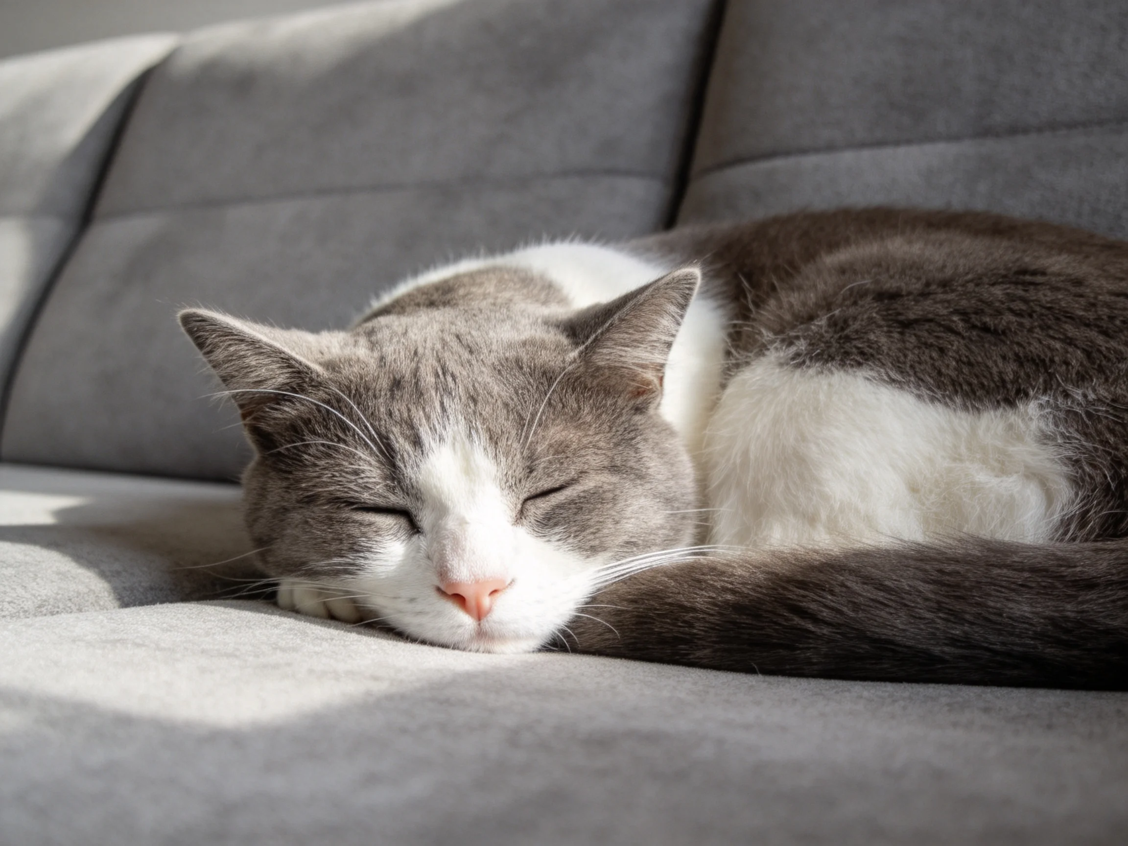 A gray and white cat sleeps on a gray couch in soft sunlight