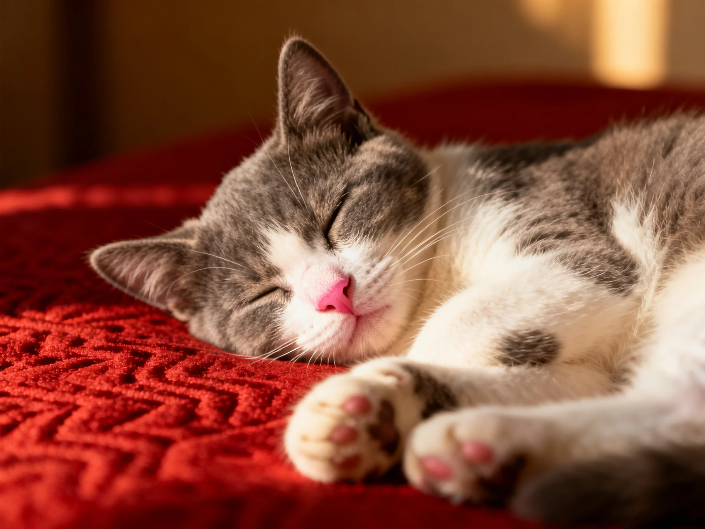 A gray and white cat sleeps on a textured red blanket