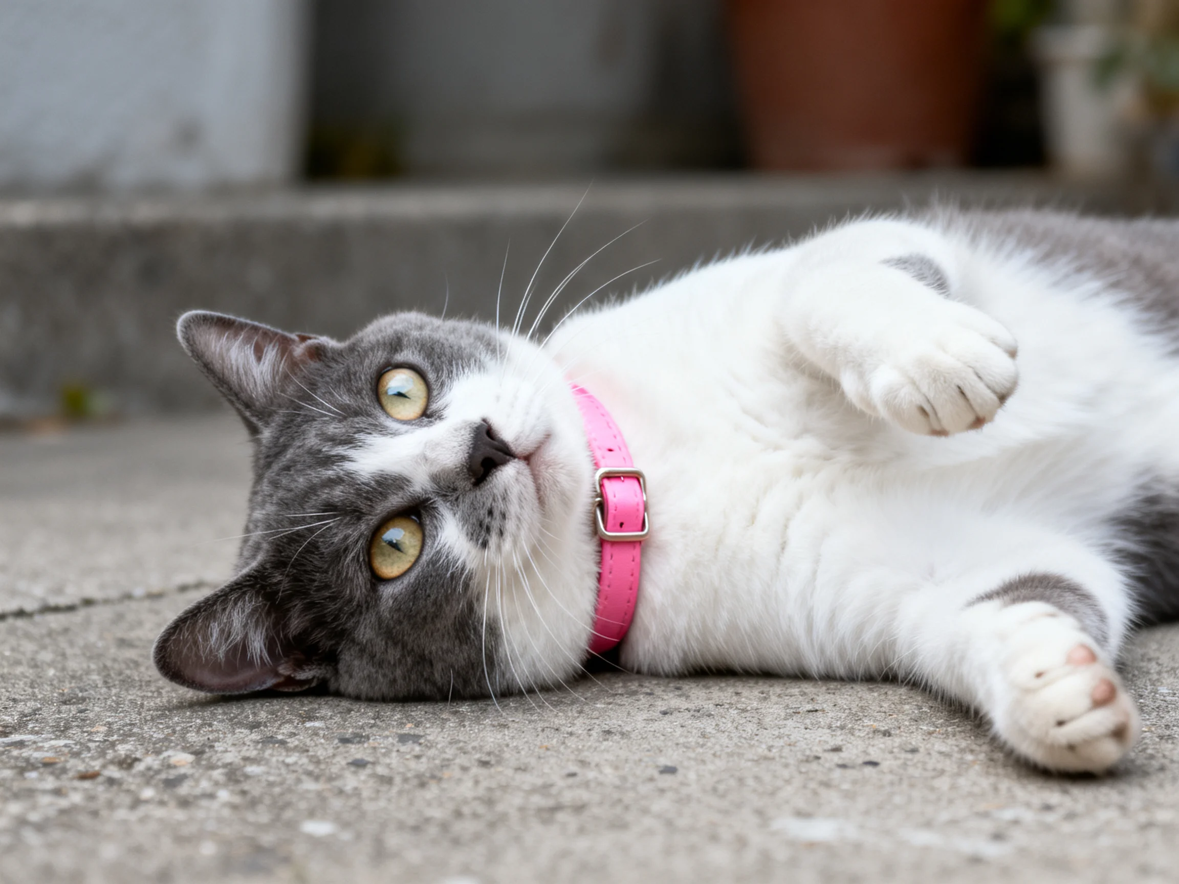 A gray-and-white cat wearing a pink collar rests on smooth concrete.