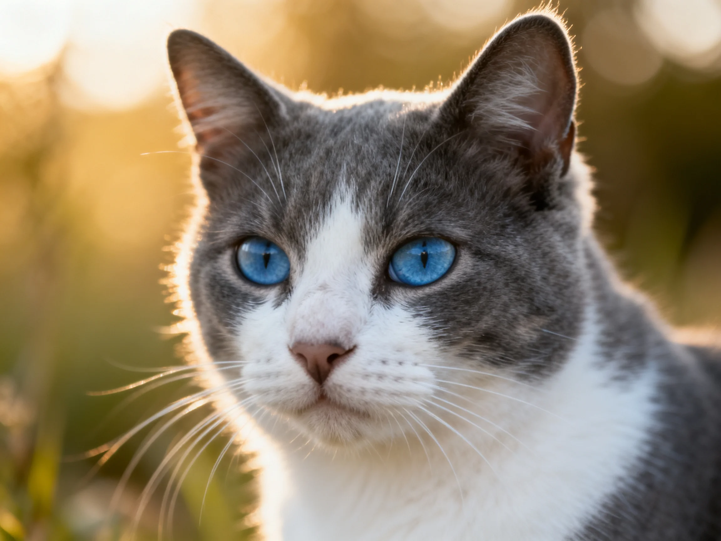 A gray-and-white cat with blue eyes is photographed outdoors in sunlight.