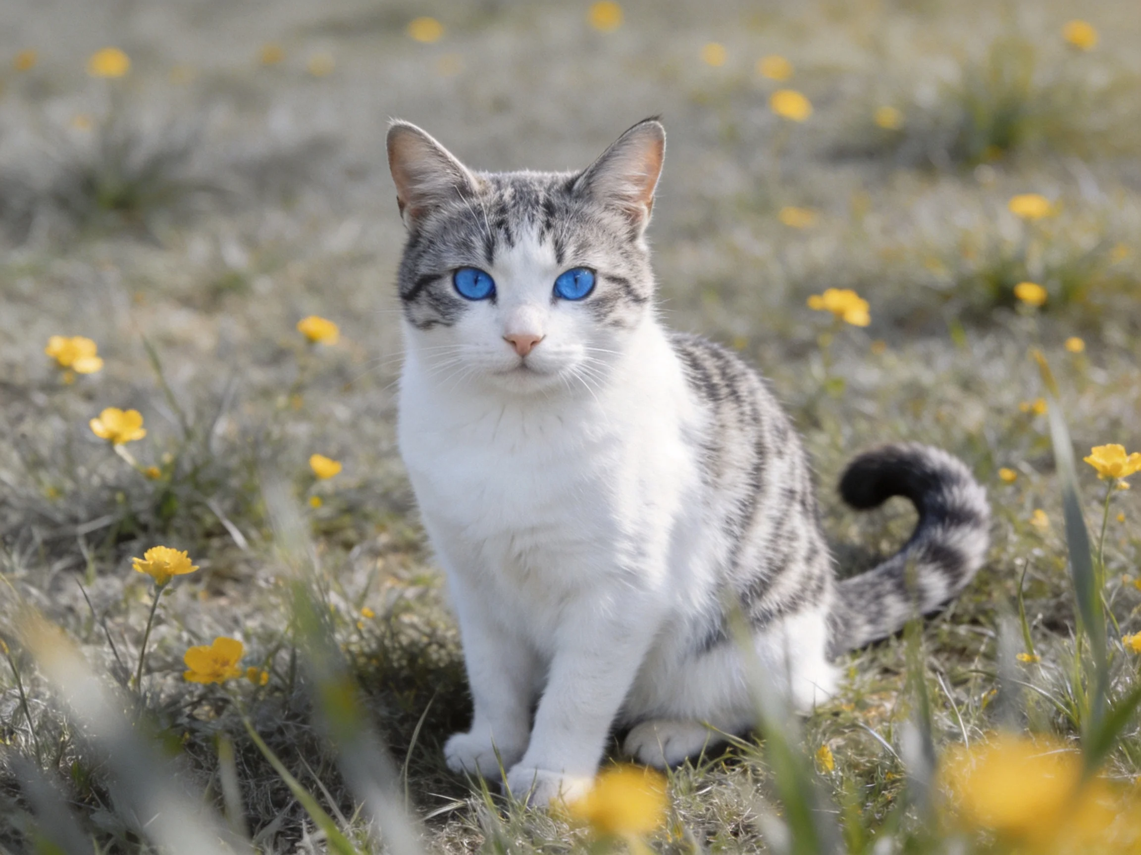 A gray-and-white cat with blue eyes sits amid yellow flowers in an open field.