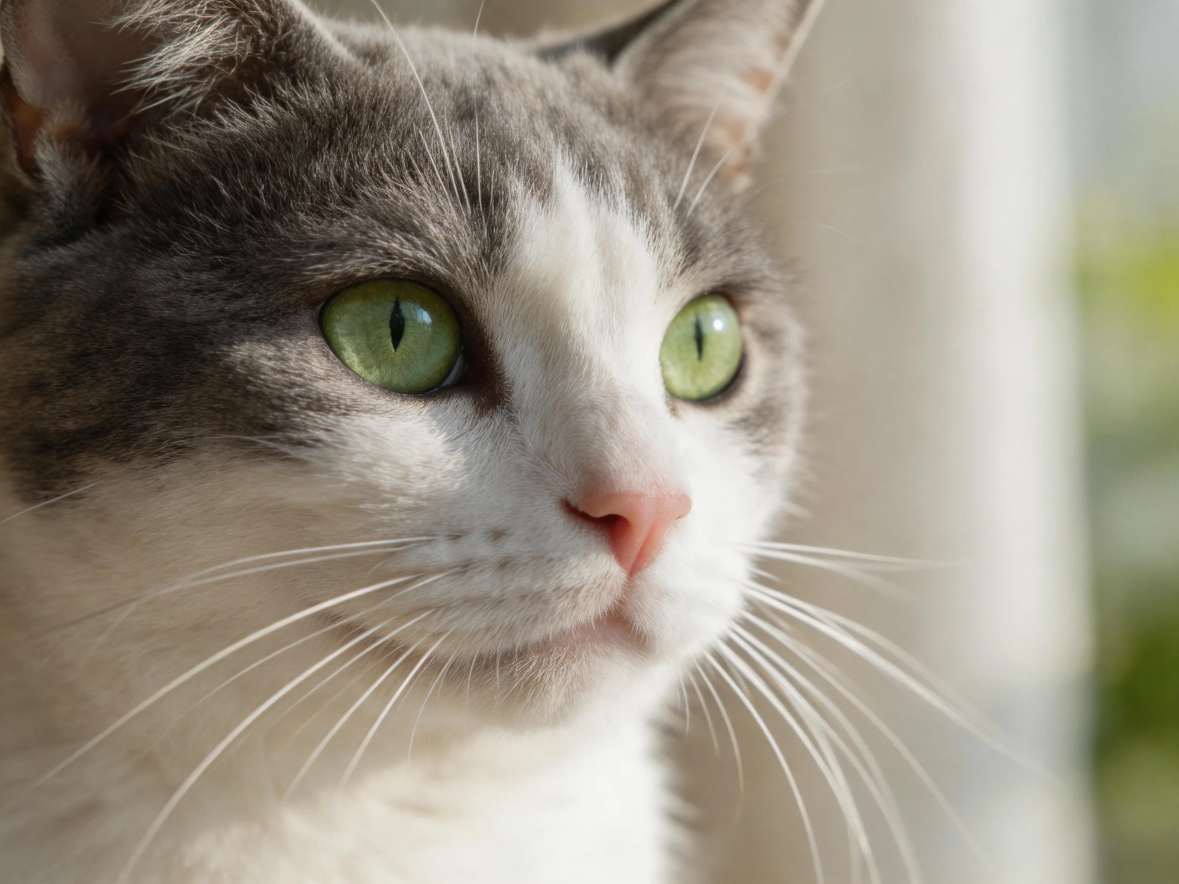 A gray-and-white cat with green eyes looks intently at something off-camera.