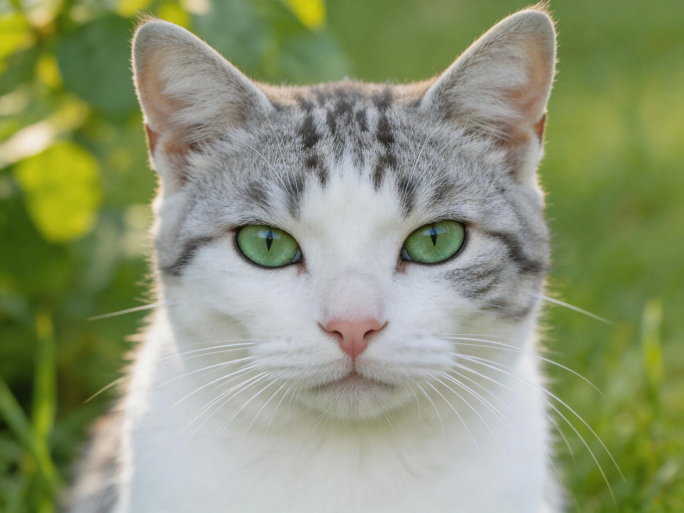 A gray-and-white cat with green eyes is surrounded by greenery.