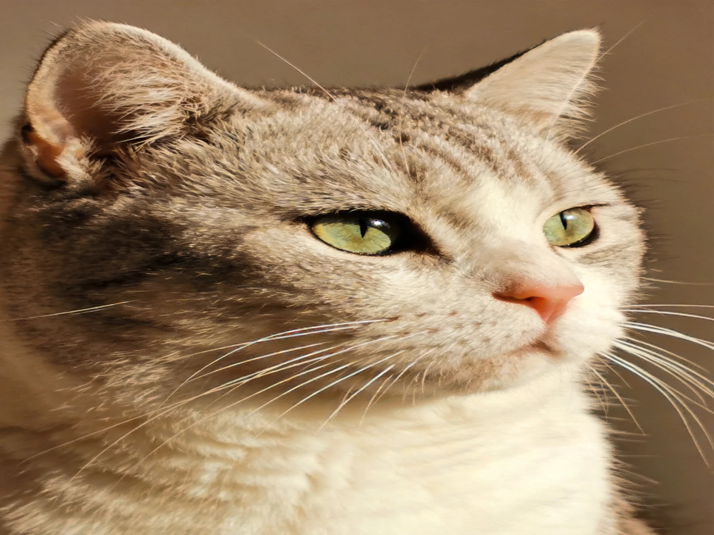 A gray and white cat gazes calmly with bright green eyes.