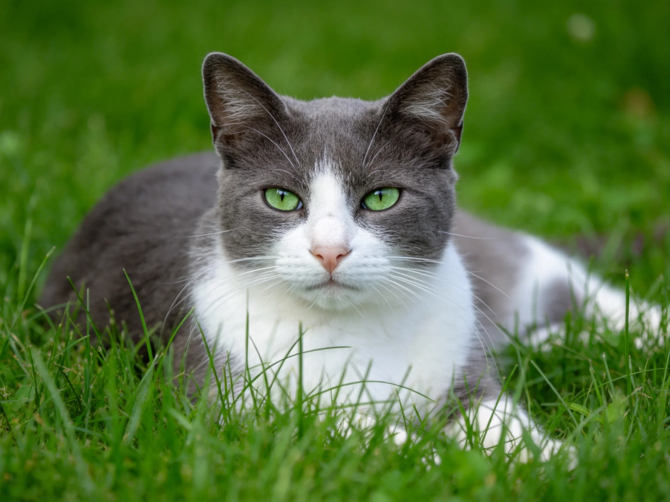 A gray-and-white cat with green eyes lies calmly among tall grass.