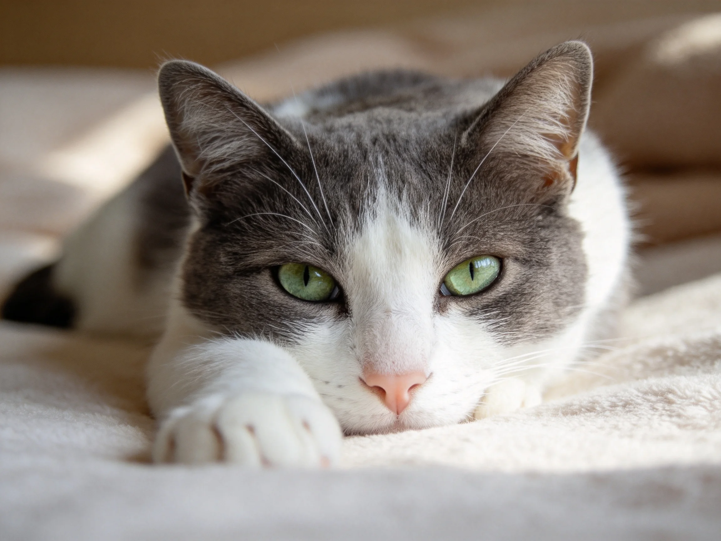 A gray-and-white cat with green eyes relaxes on a soft fabric surface