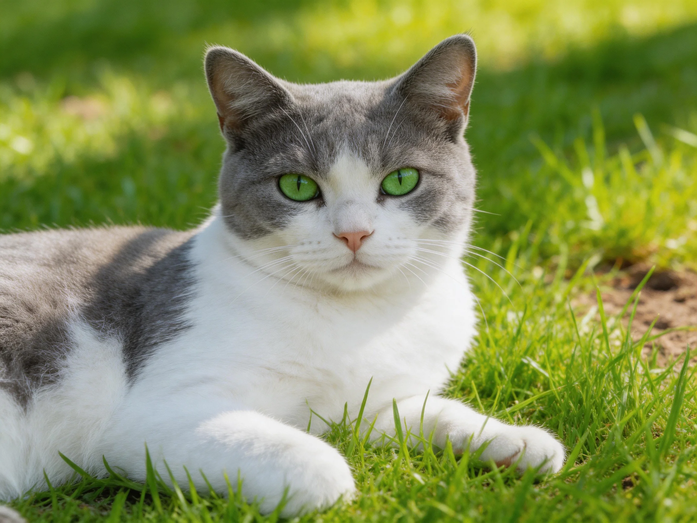 A gray-and-white cat with green eyes relaxes on grass.