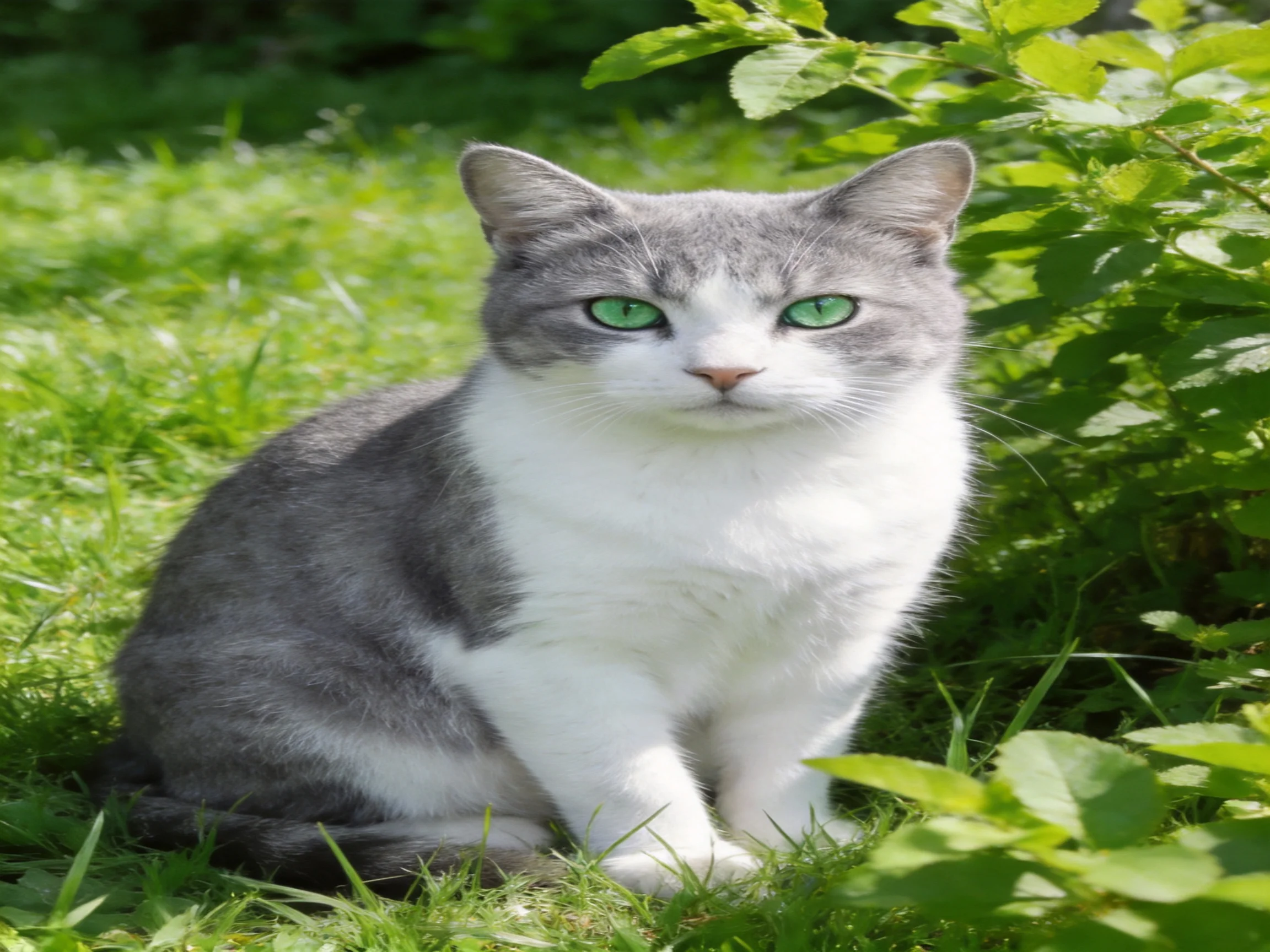 A gray and white cat with green eyes rests in a sunlit grassy area surrounded by plants