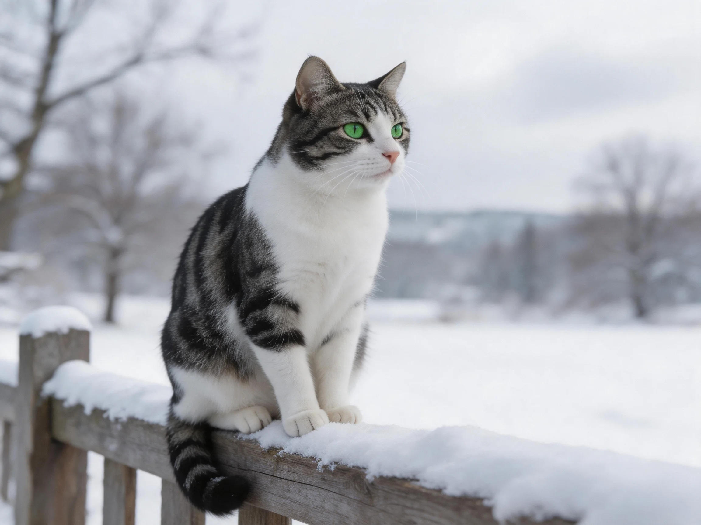 A gray-and-white cat sits on a snow-dusted wooden fence in a winter setting.
