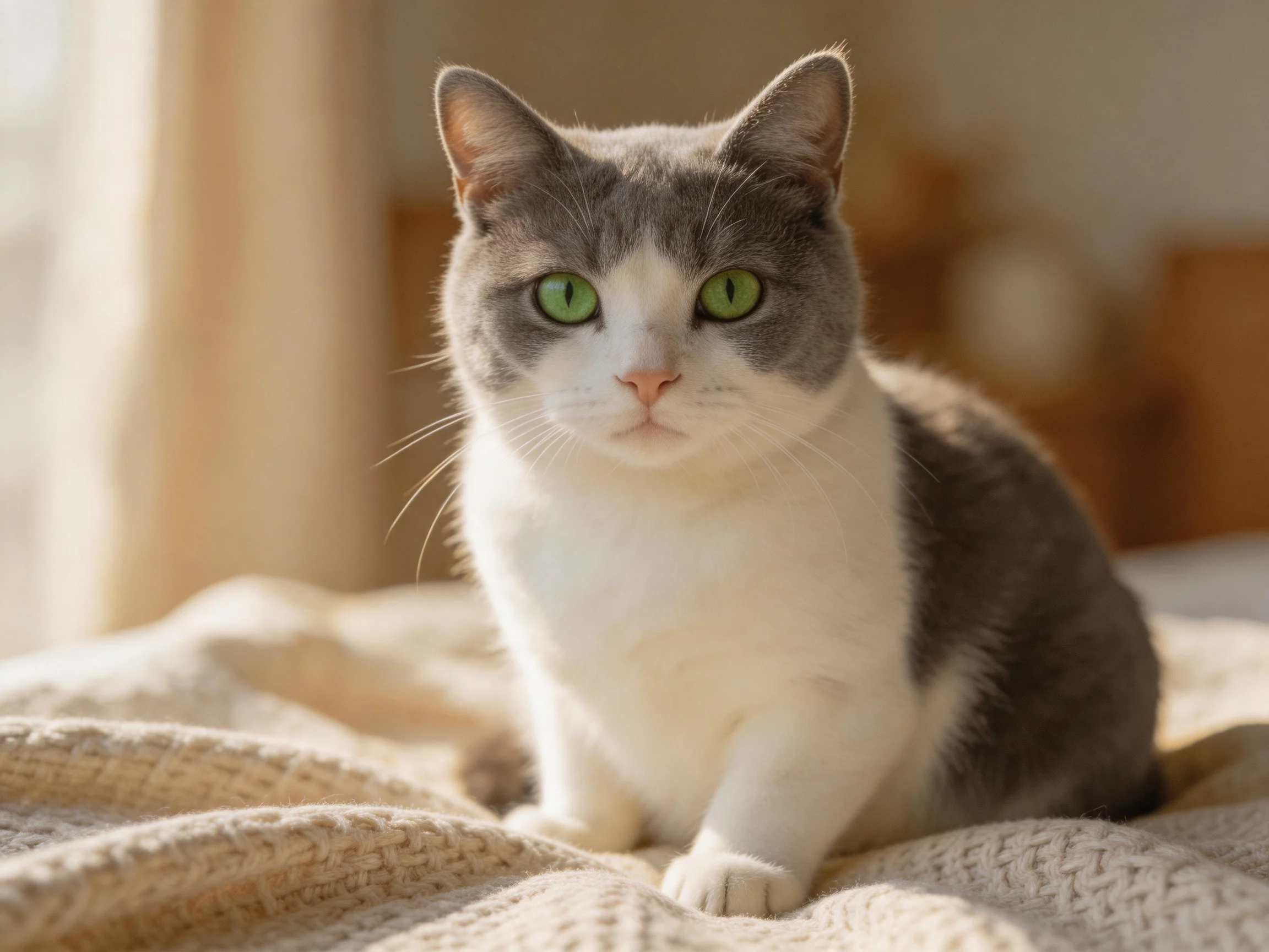A gray-and-white cat with green eyes rests on a soft blanket in a sunlit room.