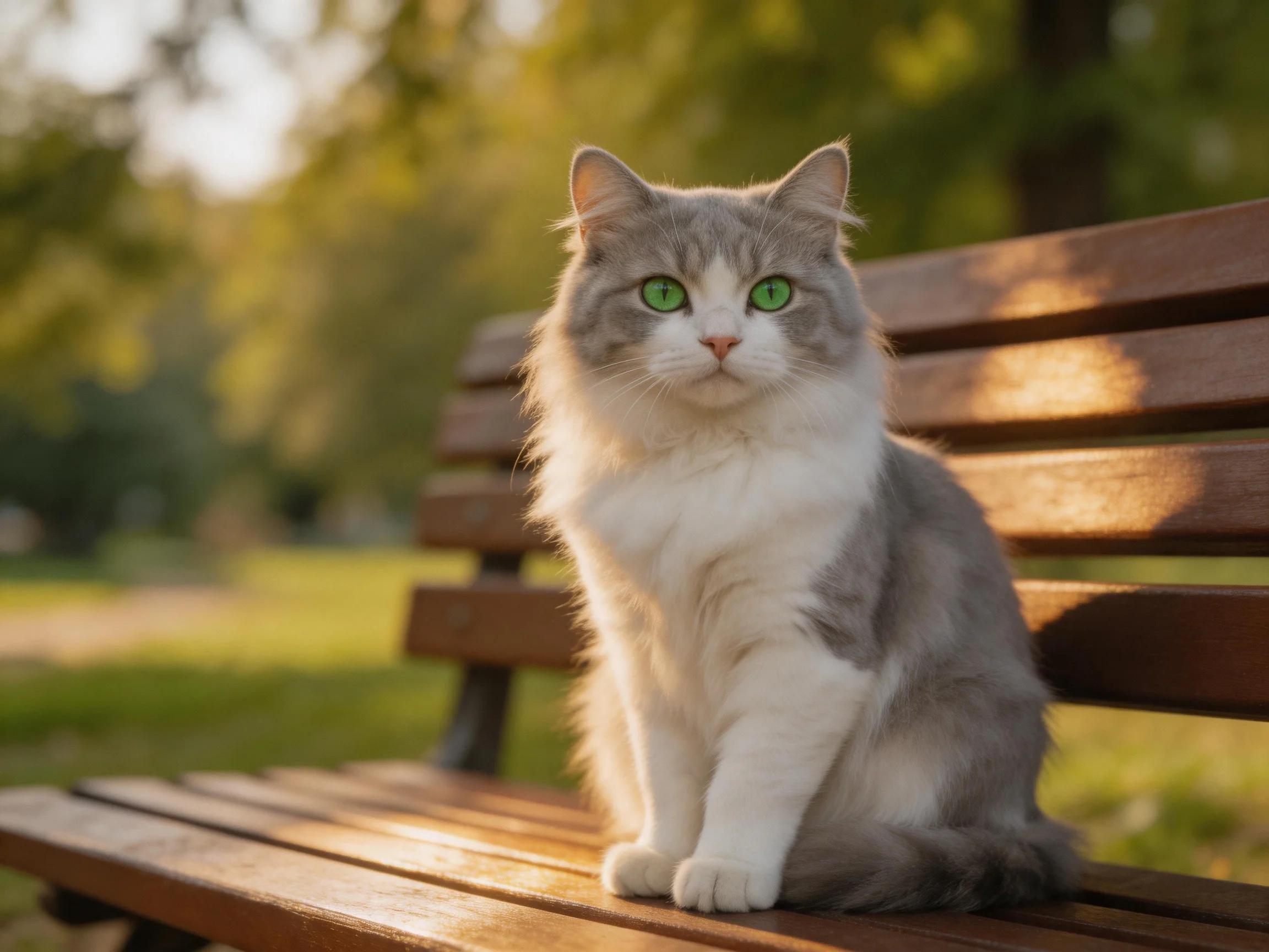 A gray-and-white cat with green eyes sits on a wooden bench in a sunlit park.