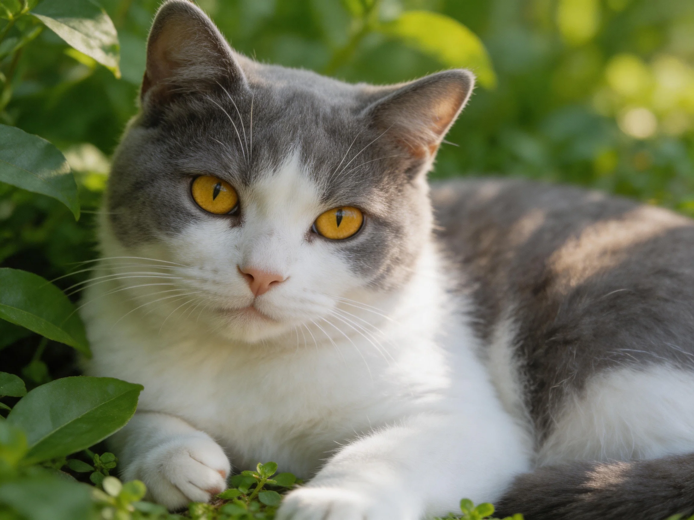 A gray-and-white cat with yellow eyes rests amid lush green plants in a sunlit area