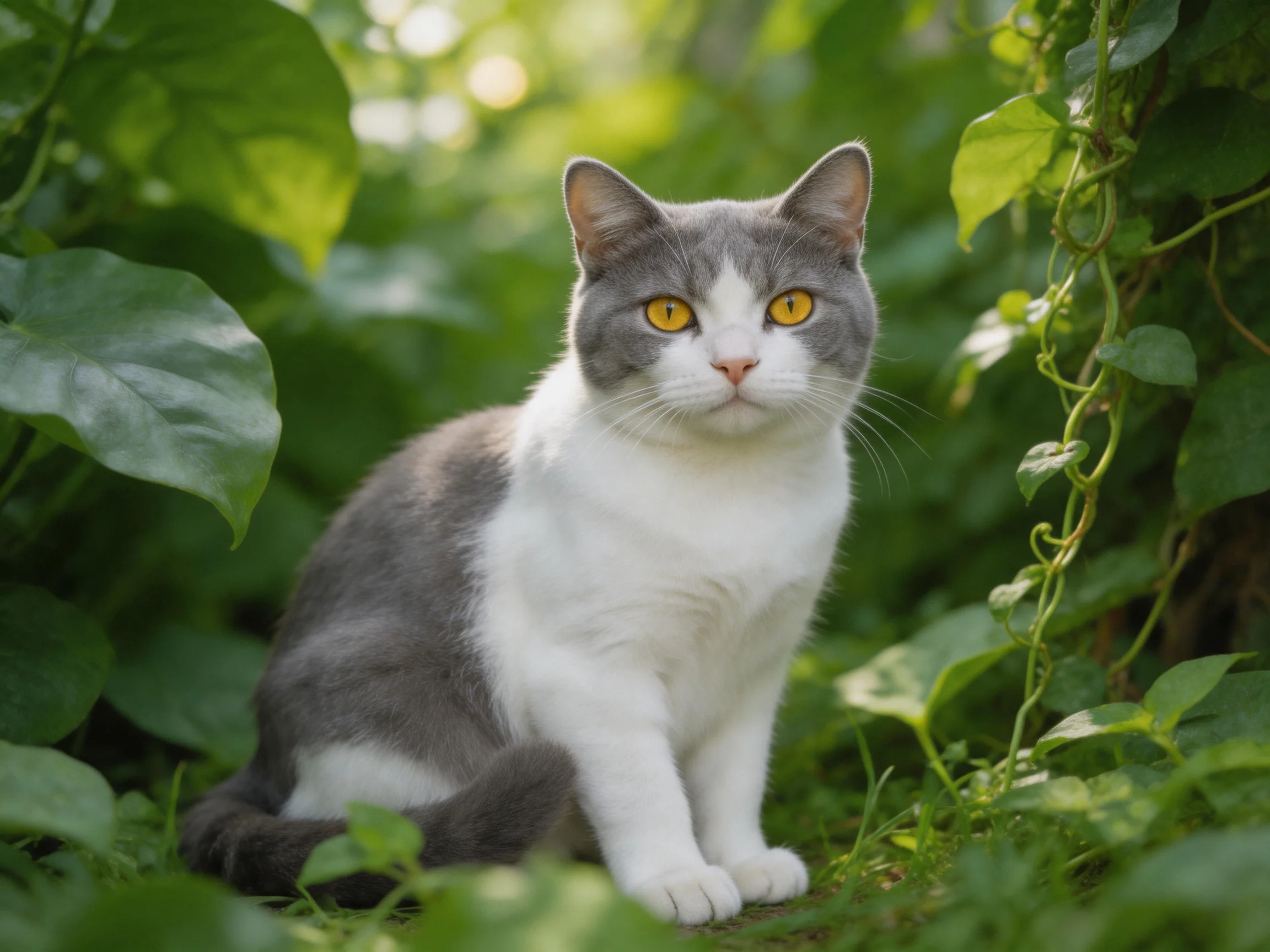 A gray-and-white cat with yellow eyes sits among dense green foliage.
