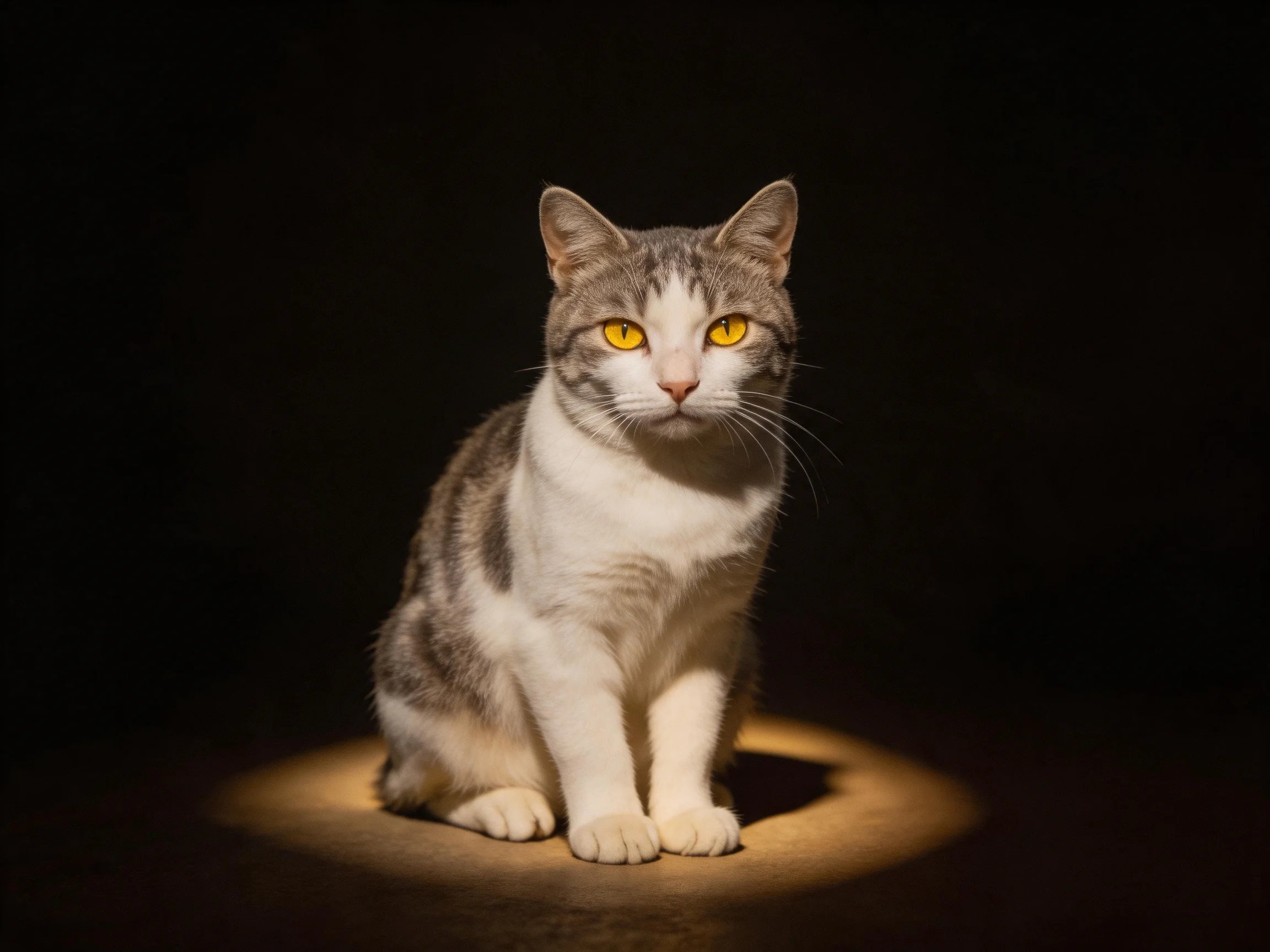 A gray-and-white cat with yellow eyes is highlighted by focused lighting