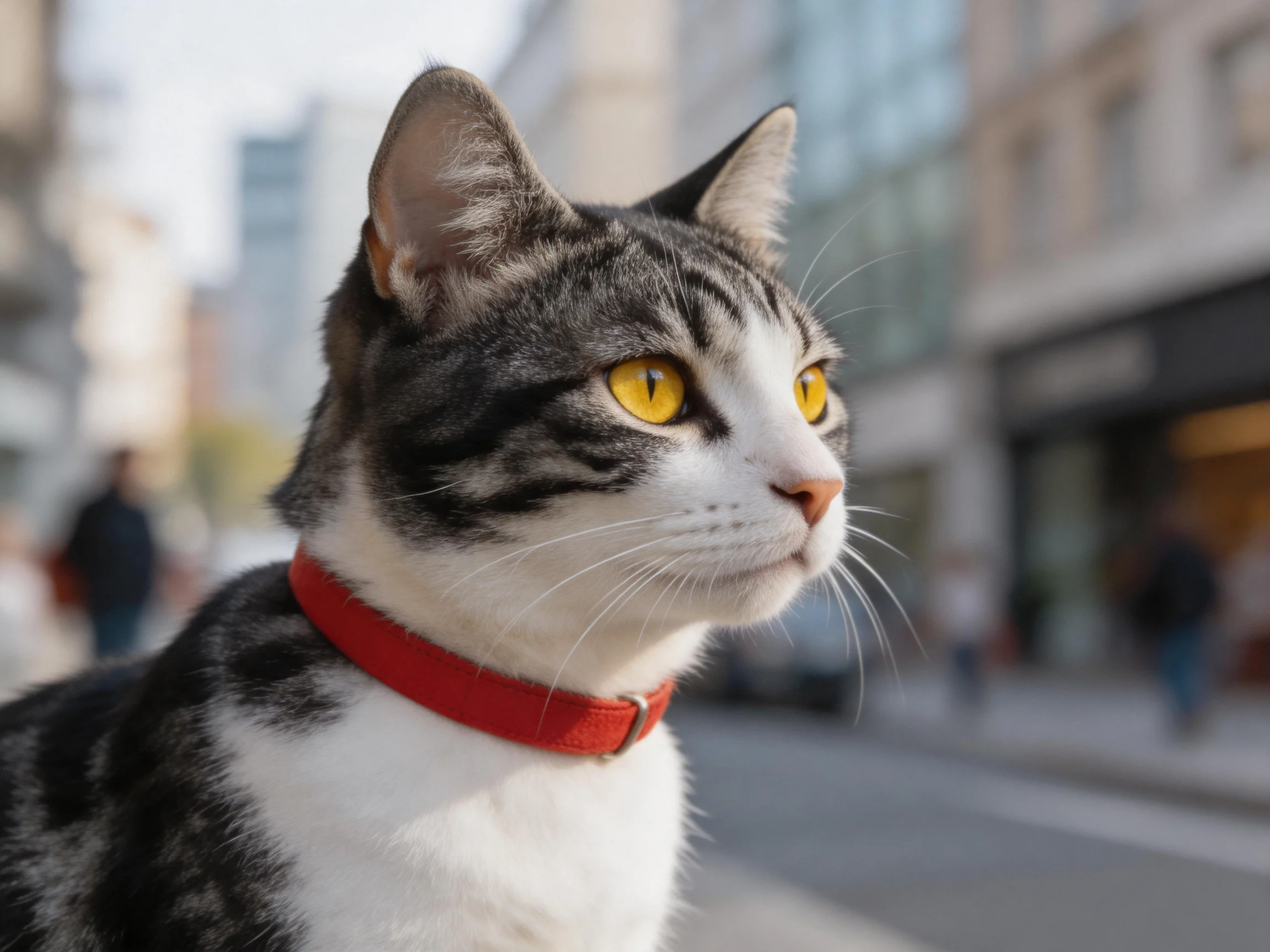 A gray-and-white cat with a red collar observes the city street.