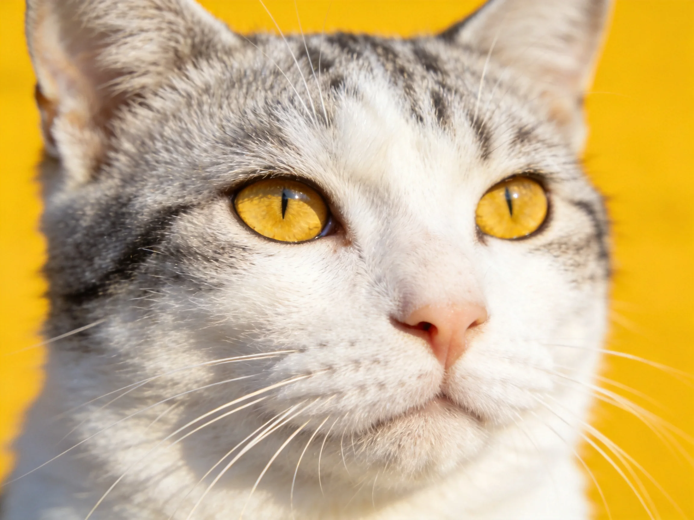 A gray and white cat with golden eyes gazes on a solid yellow backdrop.