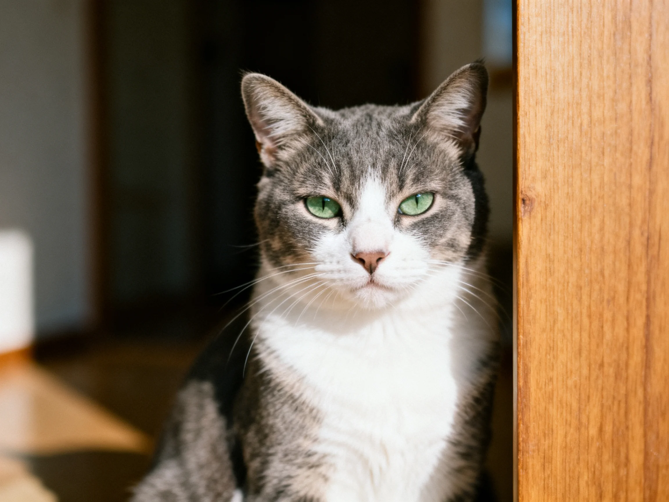 A gray and white cat with green eyes rests near a wooden post.