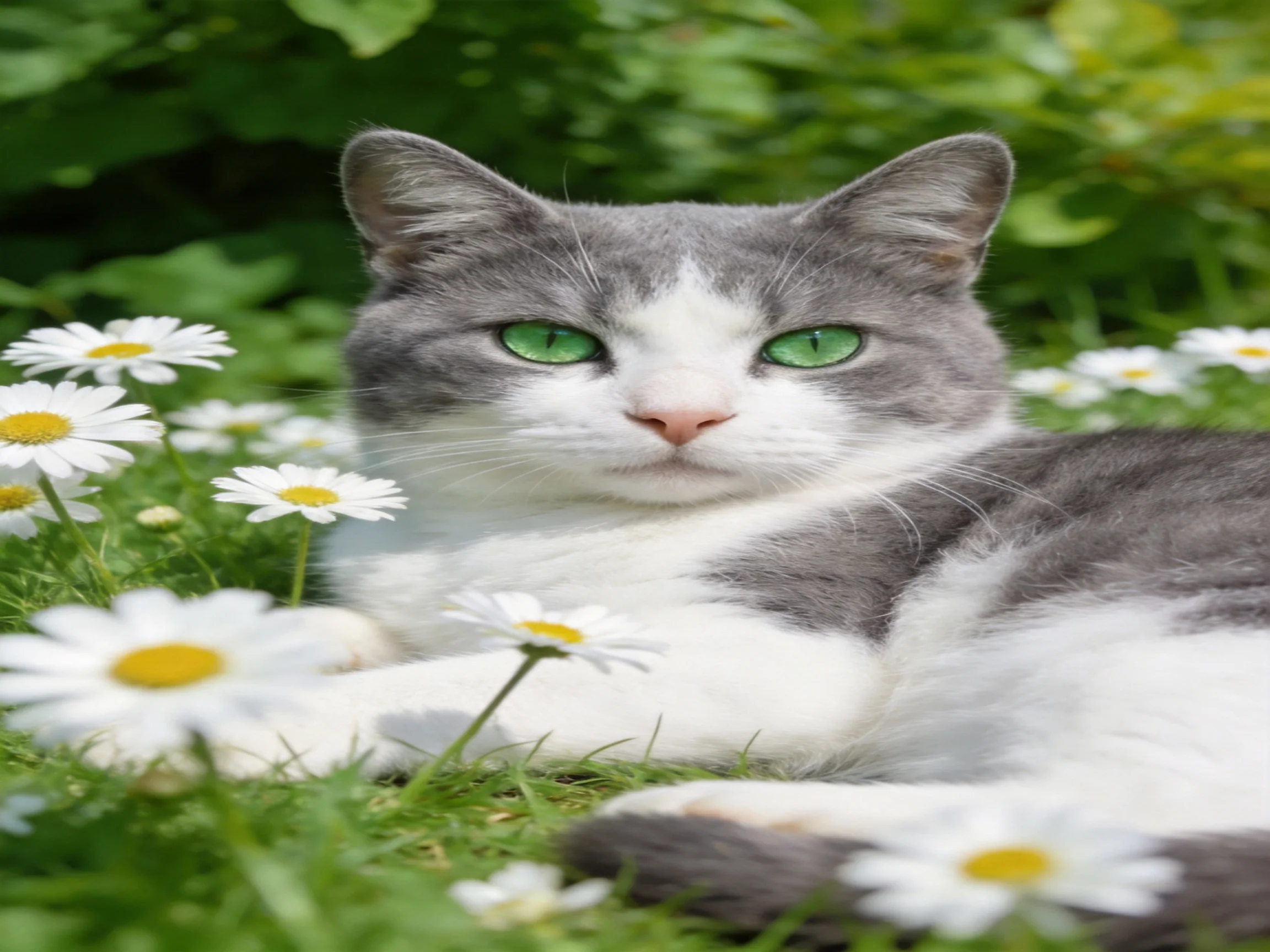A gray-and-white cat relaxes among daisies in a green garden.