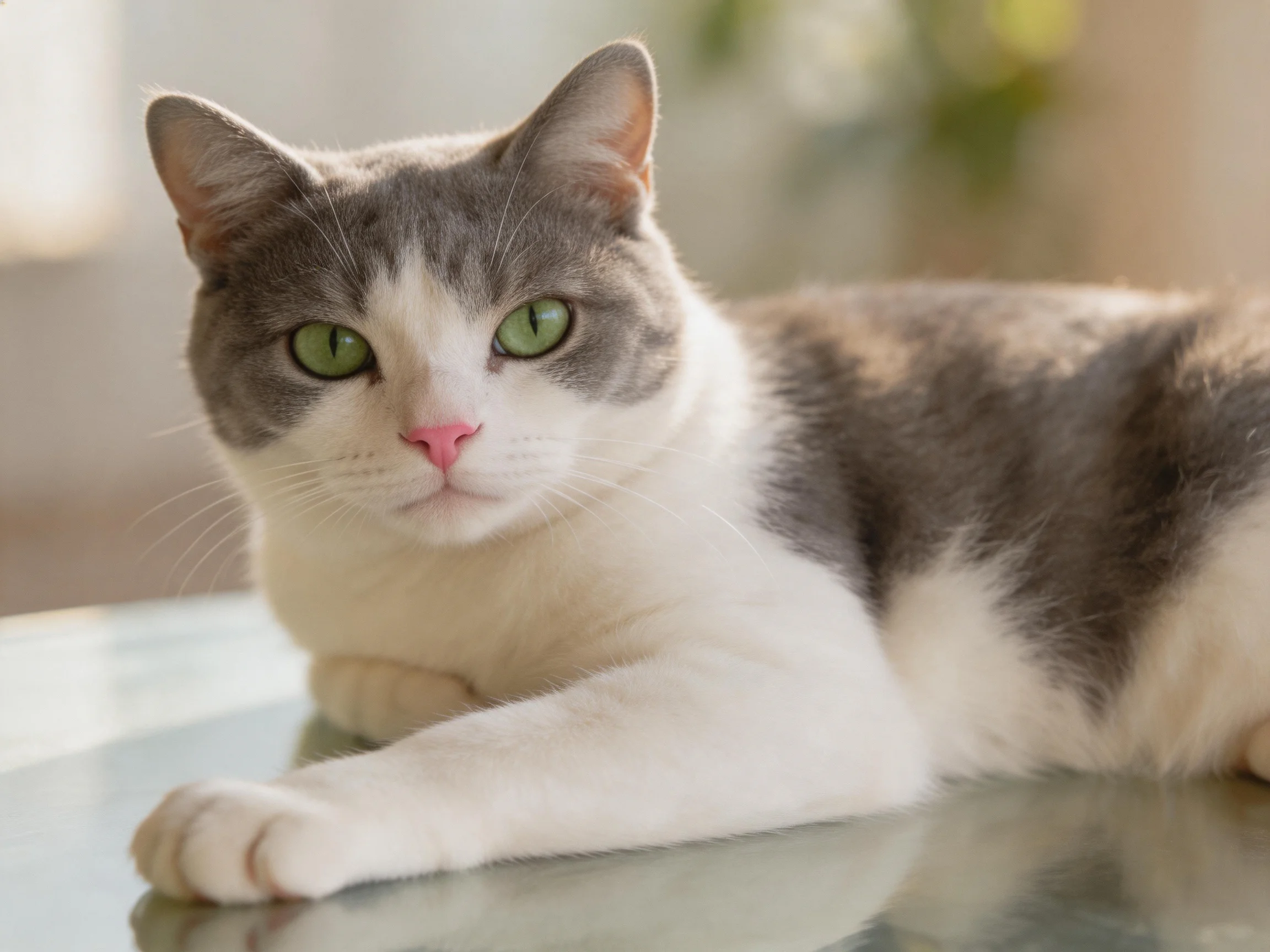 A gray-and-white cat with green eyes rests on a glass surface.
