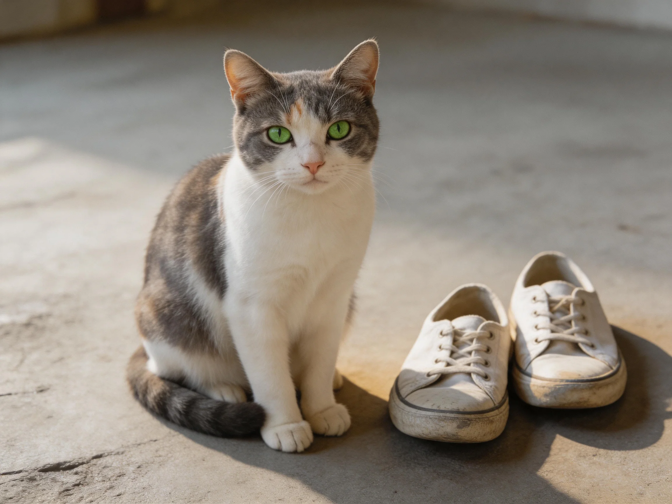 A gray-and-white cat with green eyes sits next to a pair of worn sneakers.