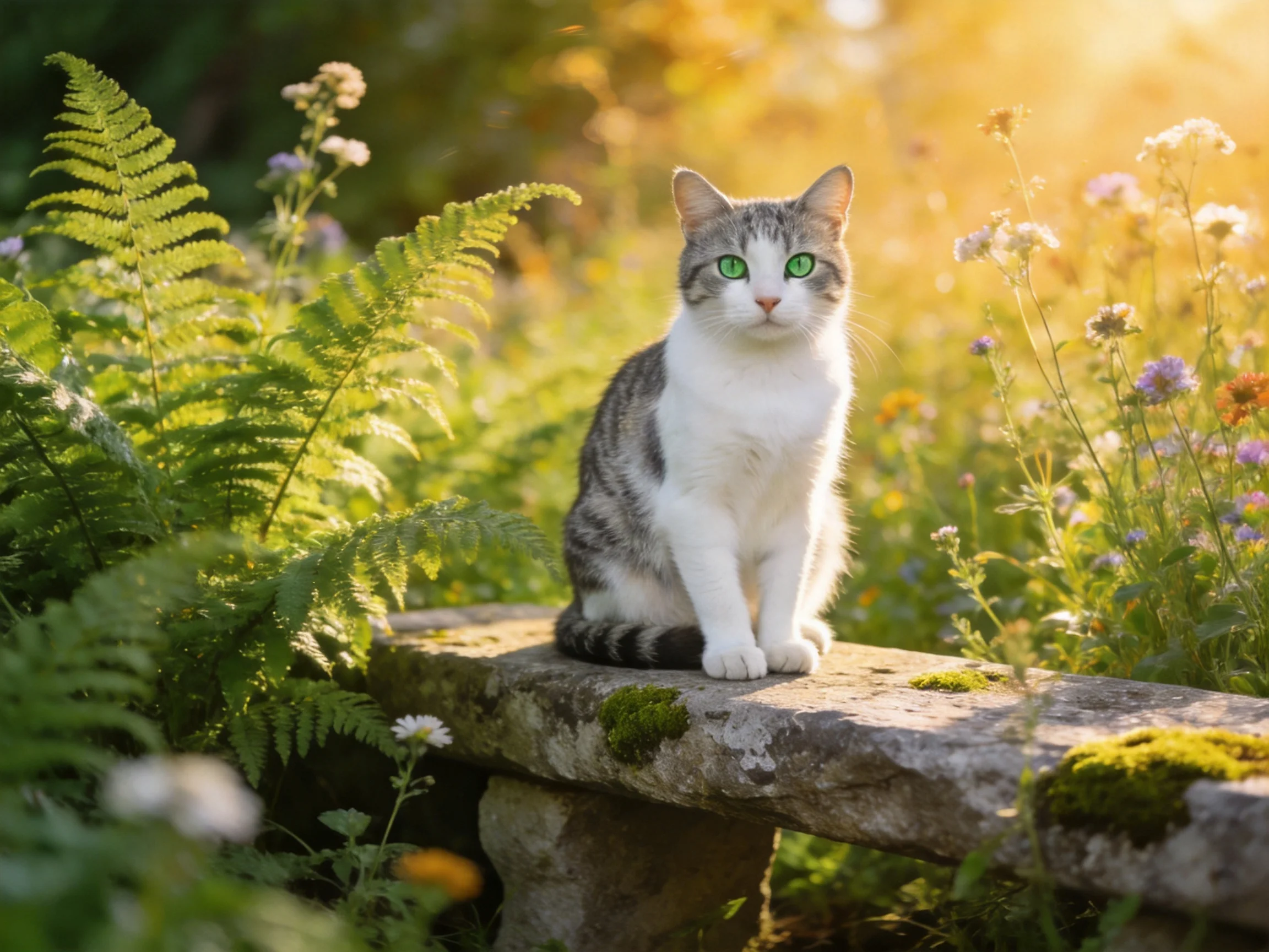 A cat with green eyes sits on a stone bench in a sunlit garden filled with plants