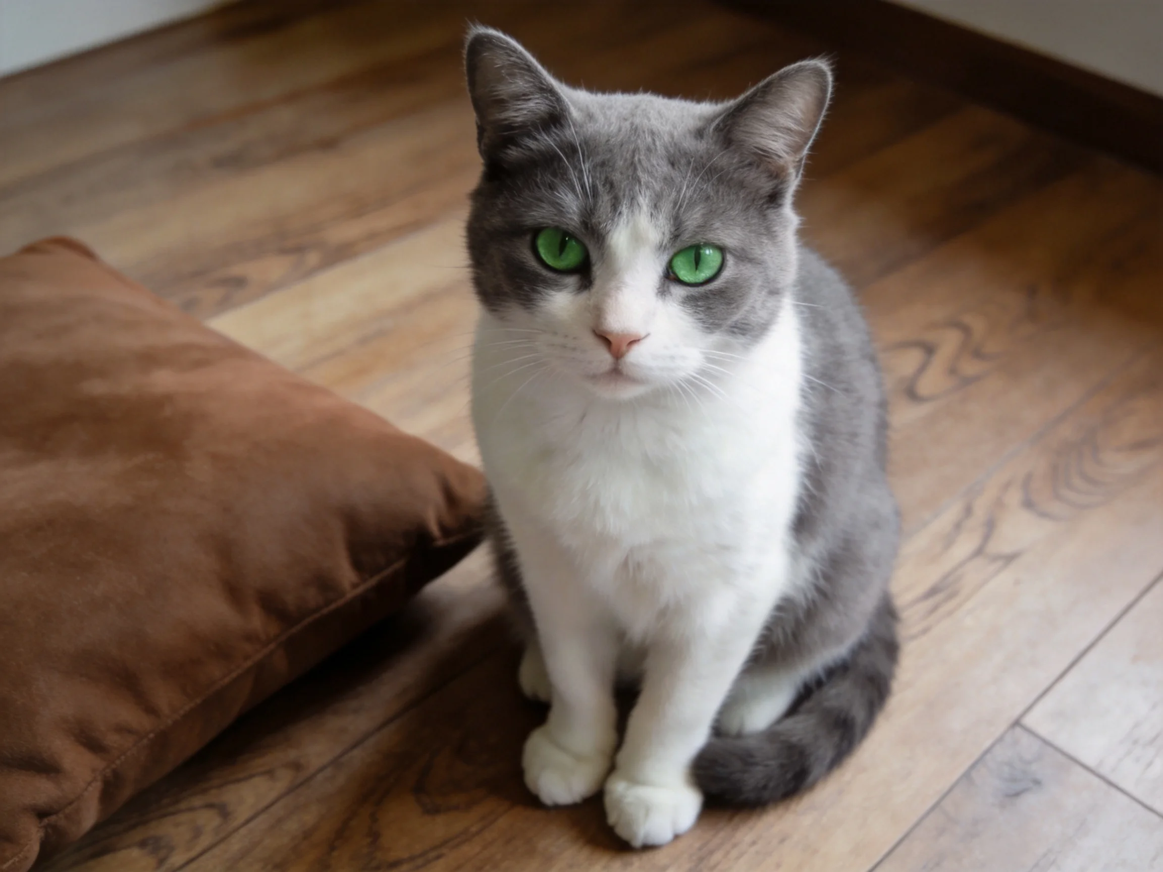 A gray-and-white cat with greeneyes sits beside a brown cushion on wooden flooring