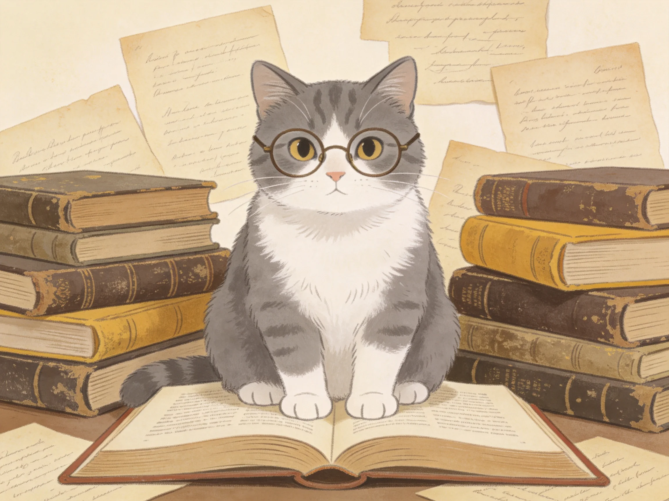 A gray-and-white cat with round glasses sits among stacked vintage books and papers