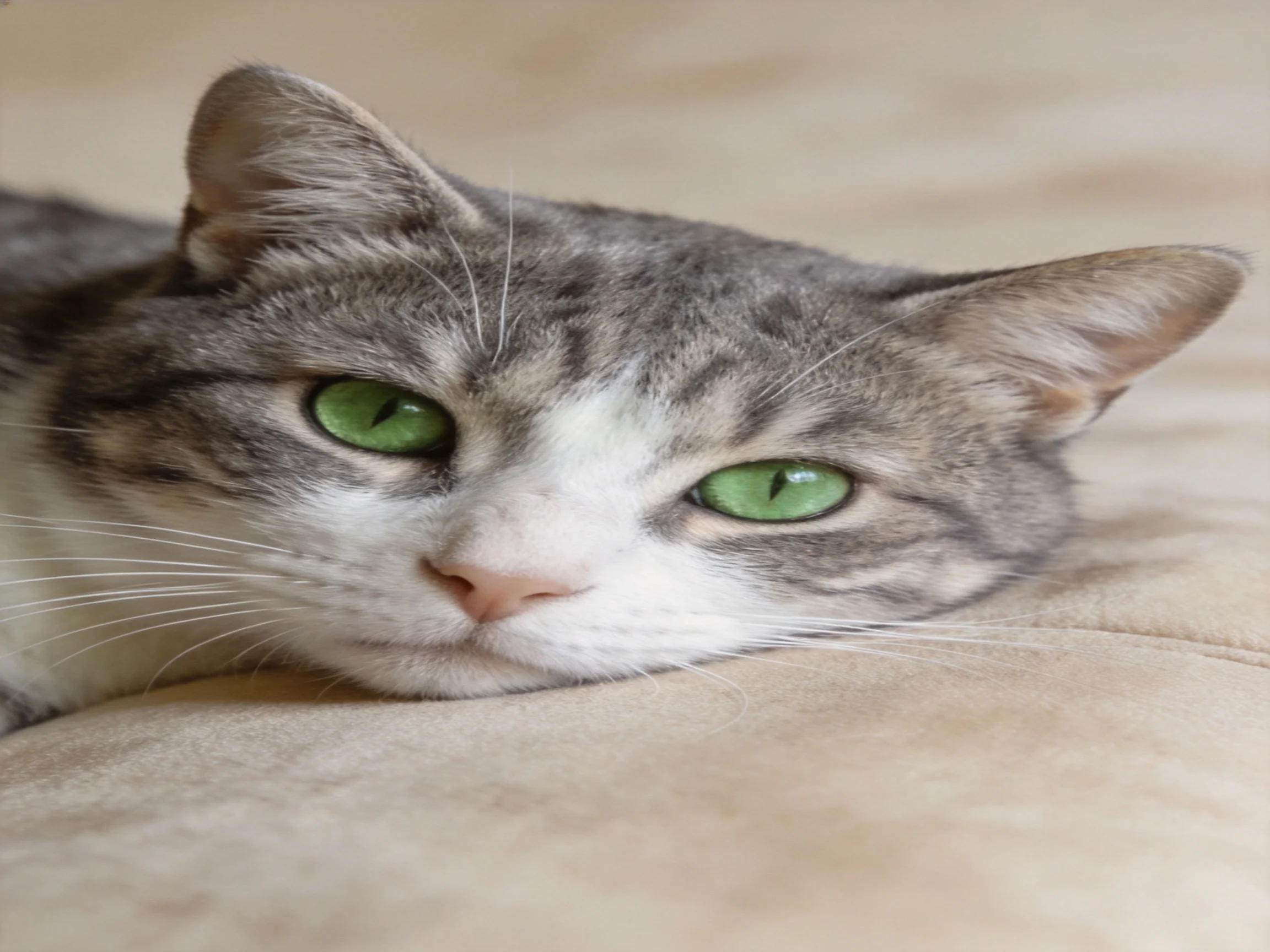 A gray-and-white cat with green eyes relaxes on a beige fabric.