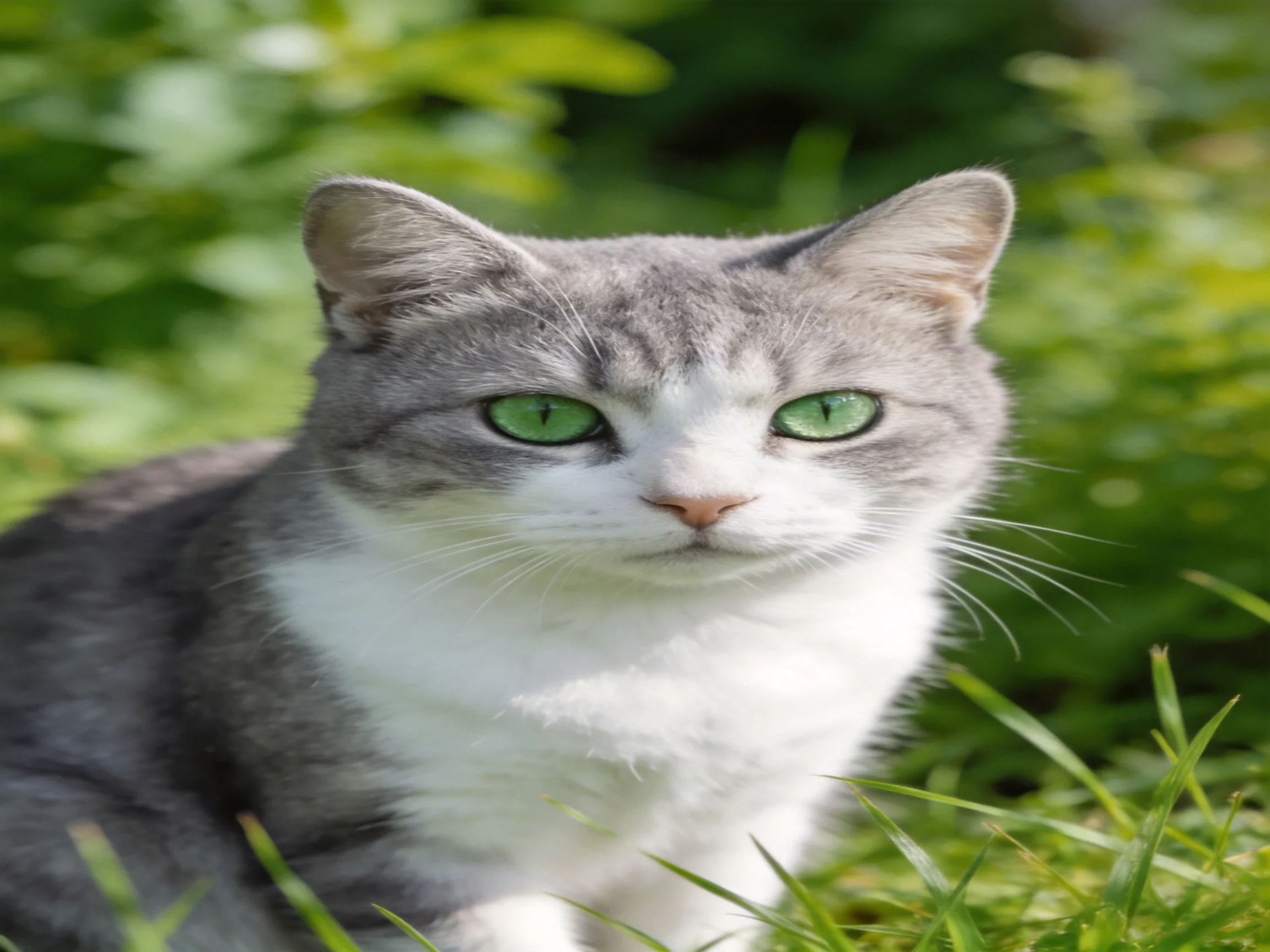A gray-and-white cat with green eyes rests in a sunlit grassy area.