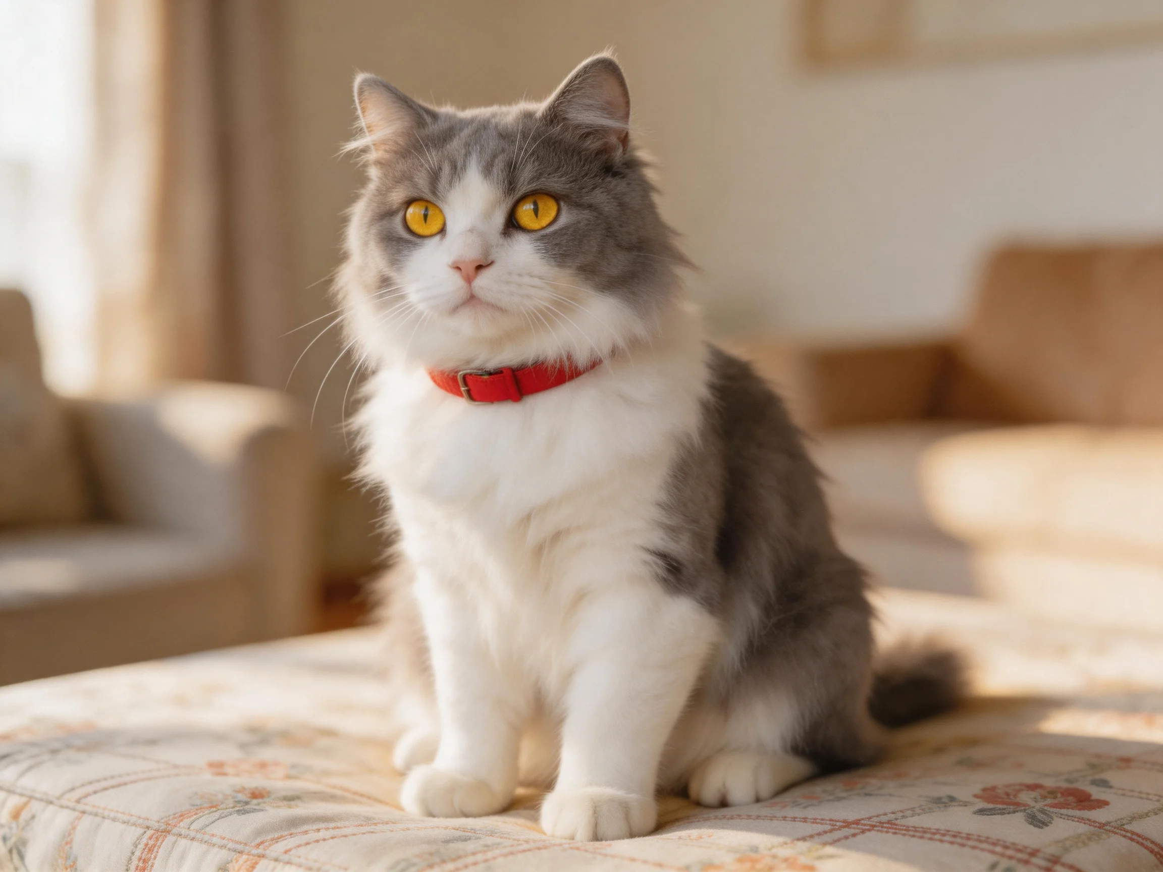 A gray and white cat with a red collar sits on a patterned ottoman.