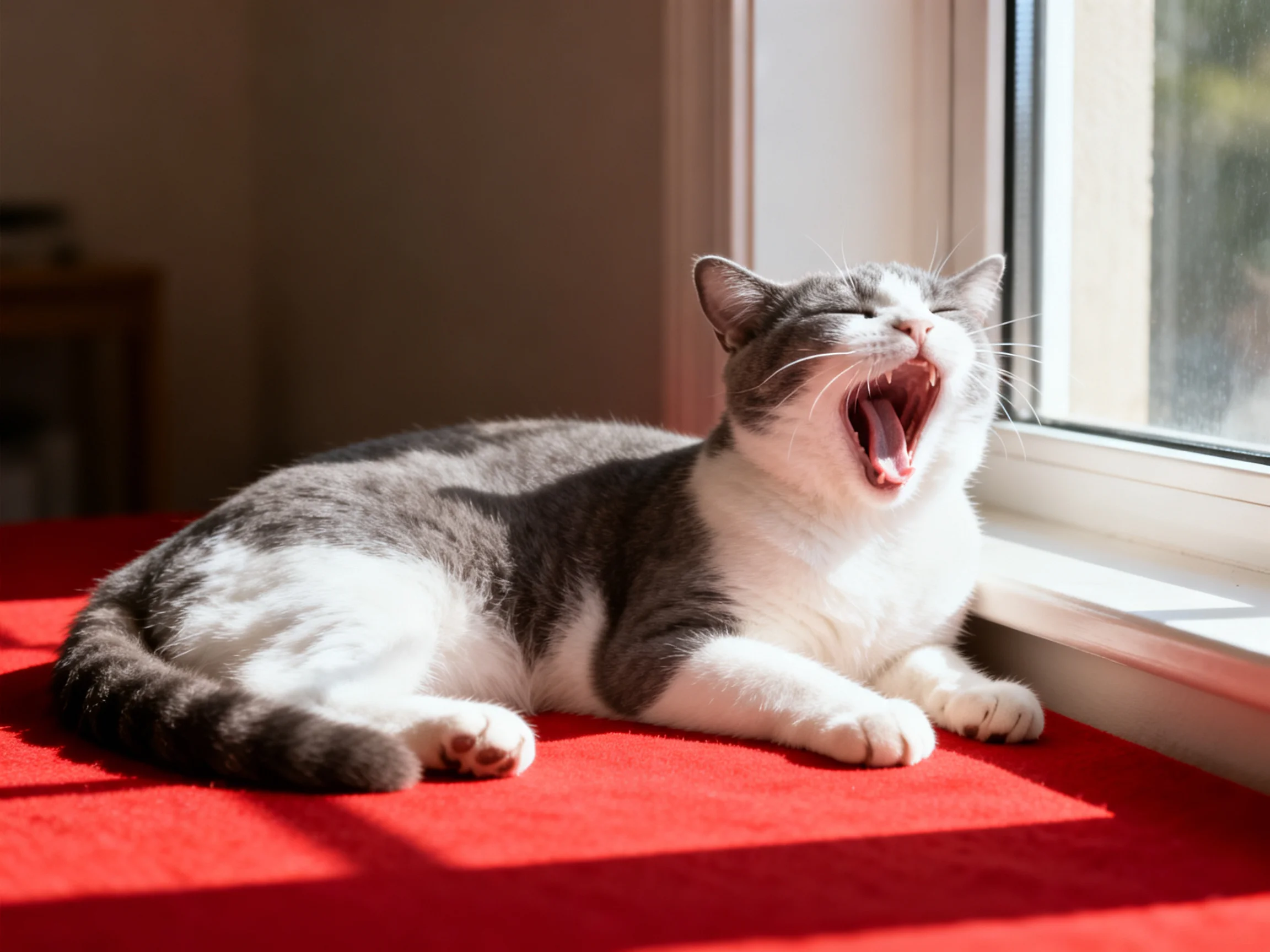 A gray and white cat yawns while resting on a red surface near a sunlit window.
