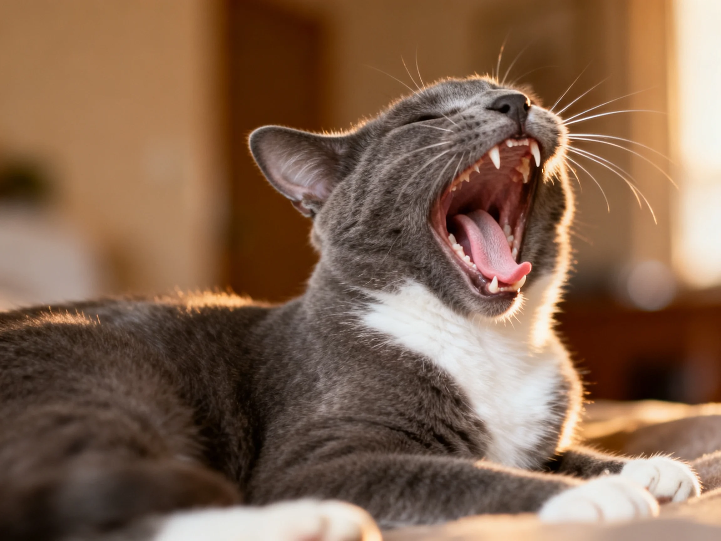 A gray and white cat yawning widely indoors