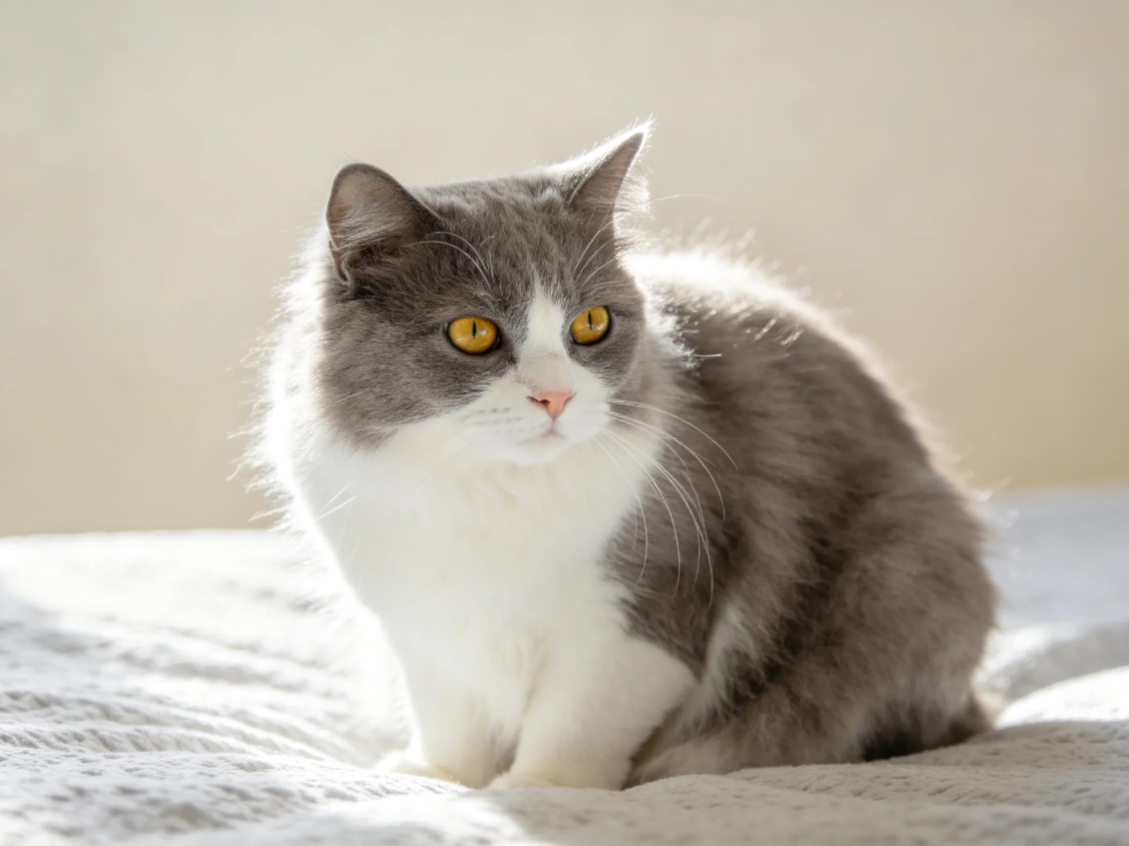 A gray and white cat with yellow eyes sits on a soft bed.