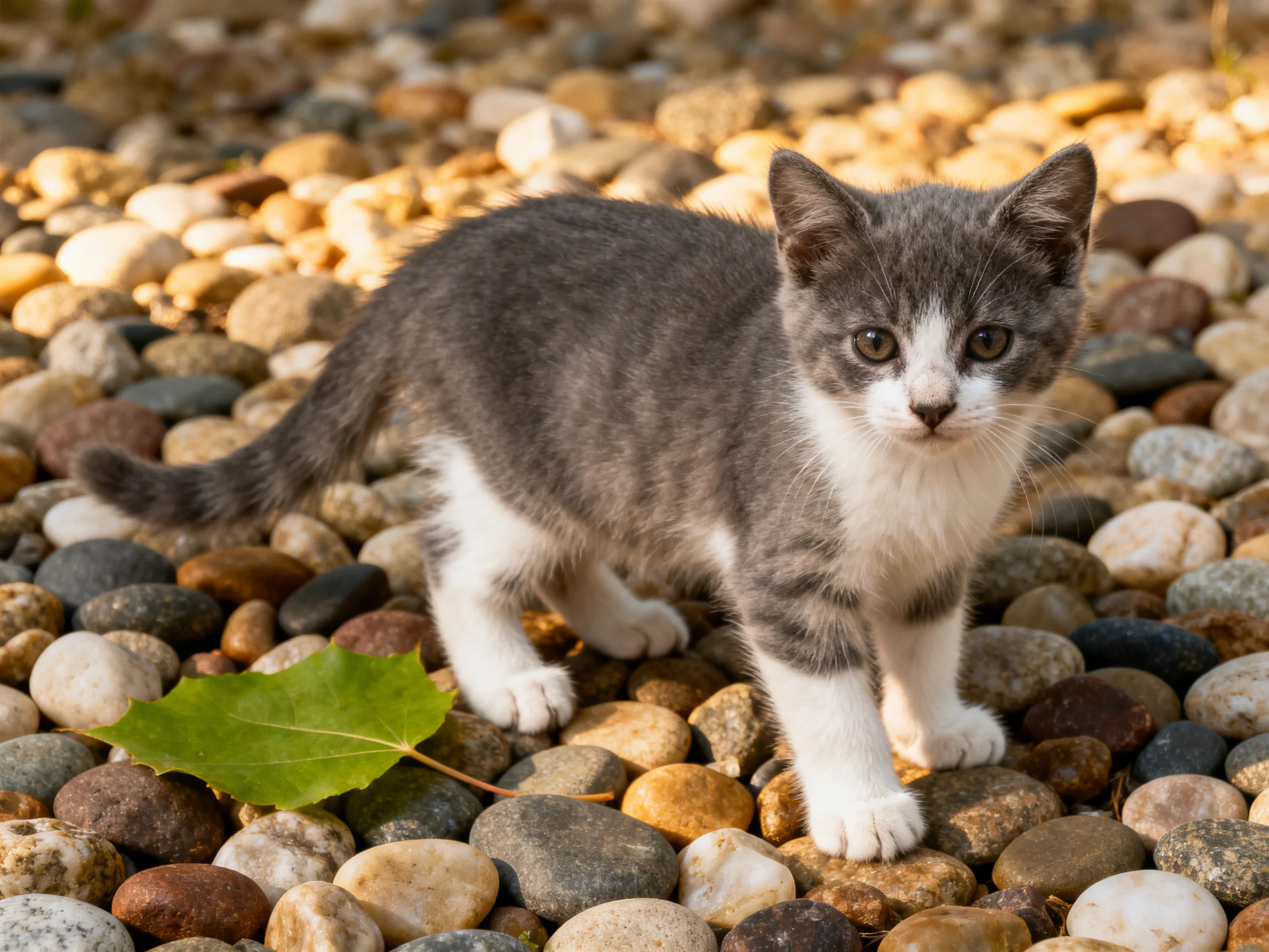 A gray kitten explores colorful pebbles beside a green leaf