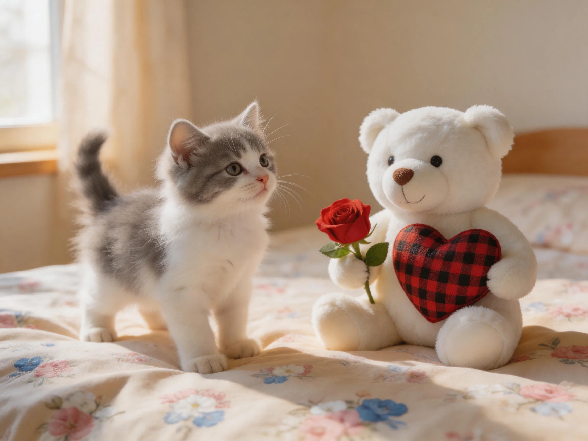 A gray-and-white kitten stands near a white teddy bear holding a red rose on a floral bed.