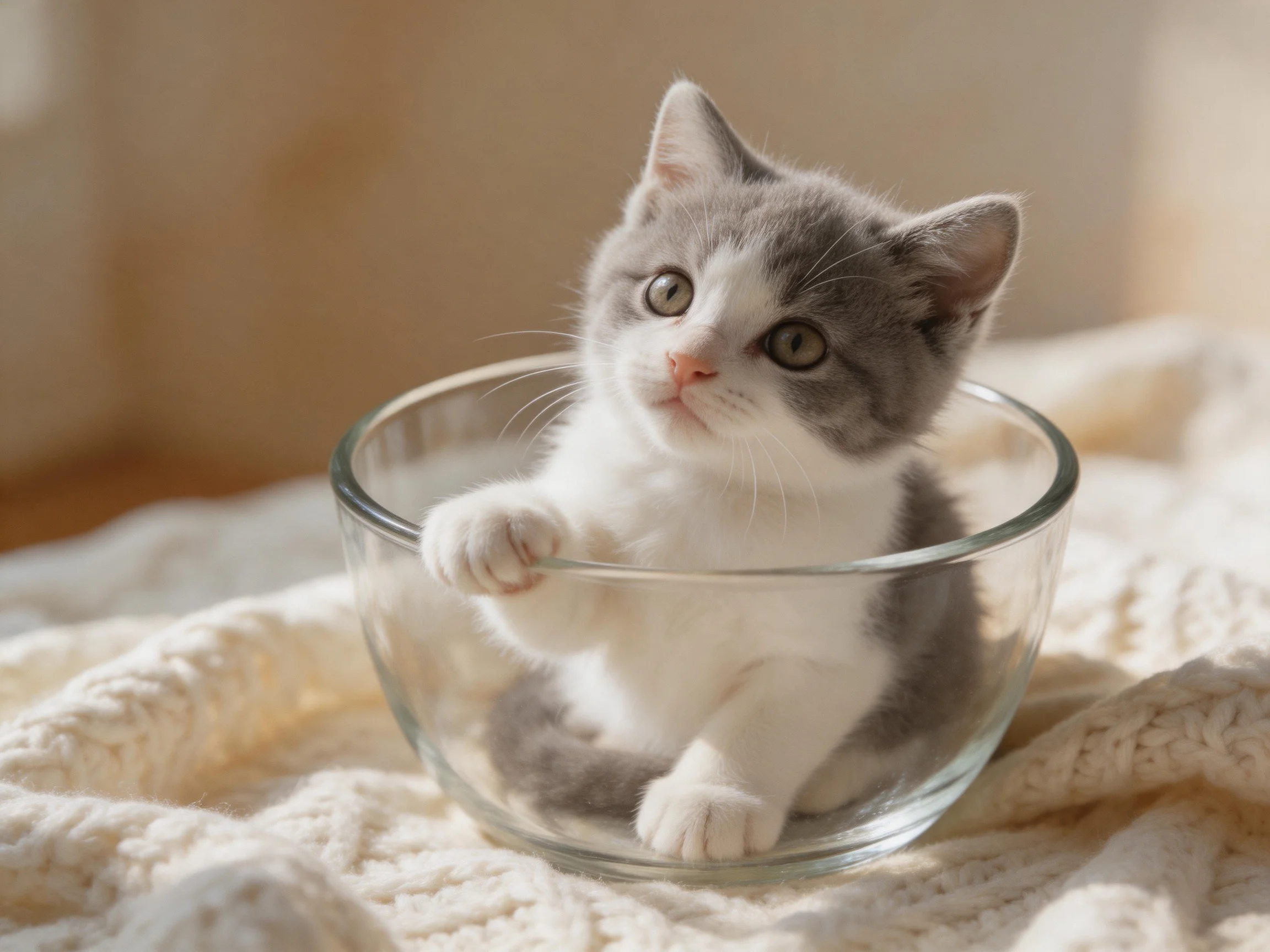 A gray-and-white kitten sits in a clear glass bowl on a cream blanket.