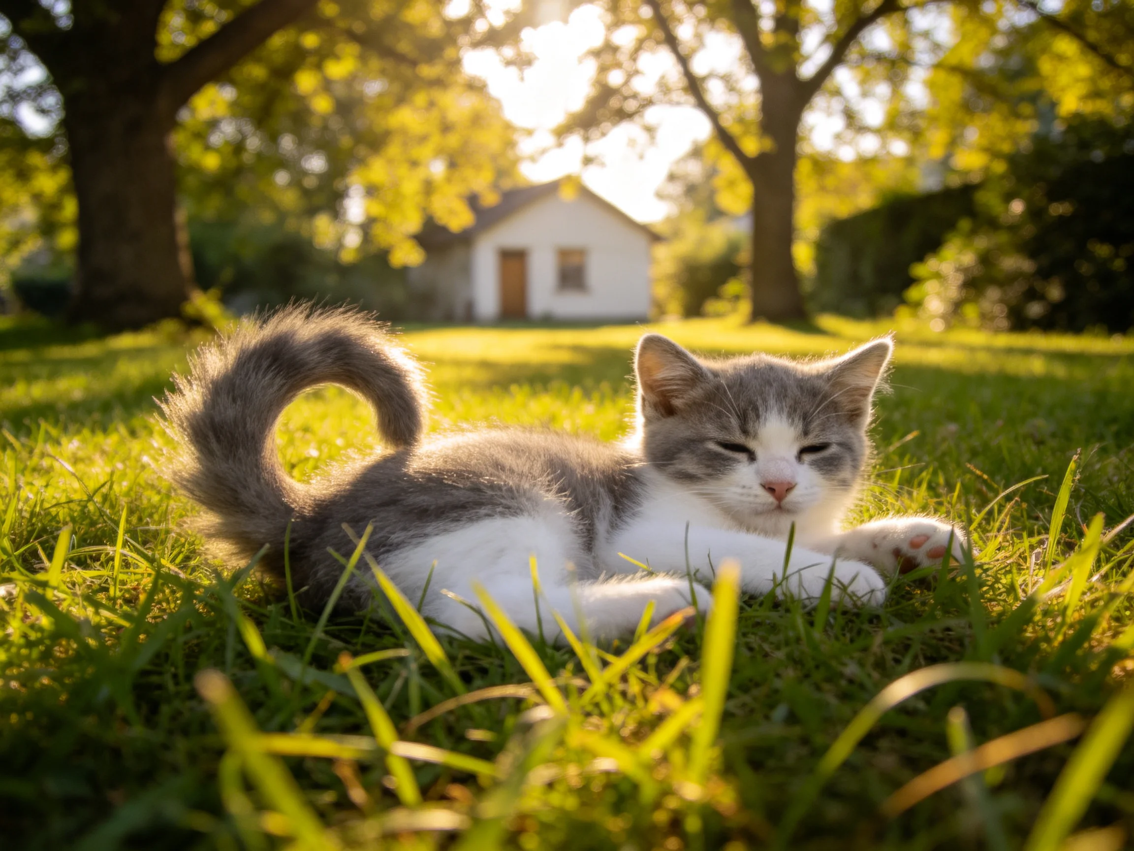 A gray-and-white kitten relaxes on grass in a sunlit yard with a house nearby.