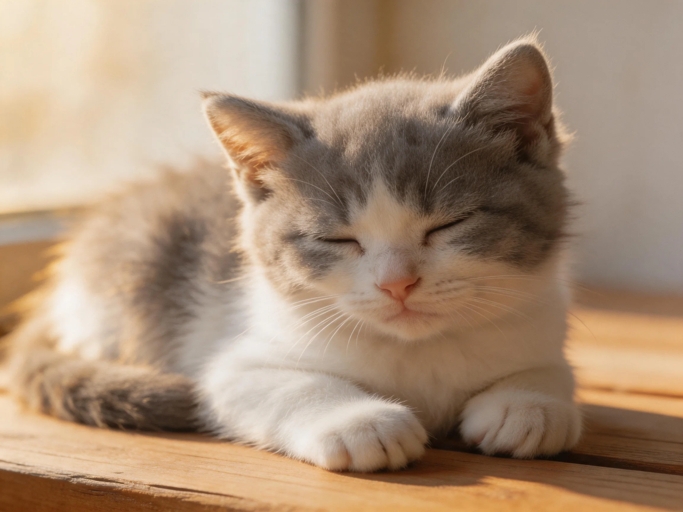 A gray-and-white kitten rests peacefully on a wooden surface illuminated by sunlight.