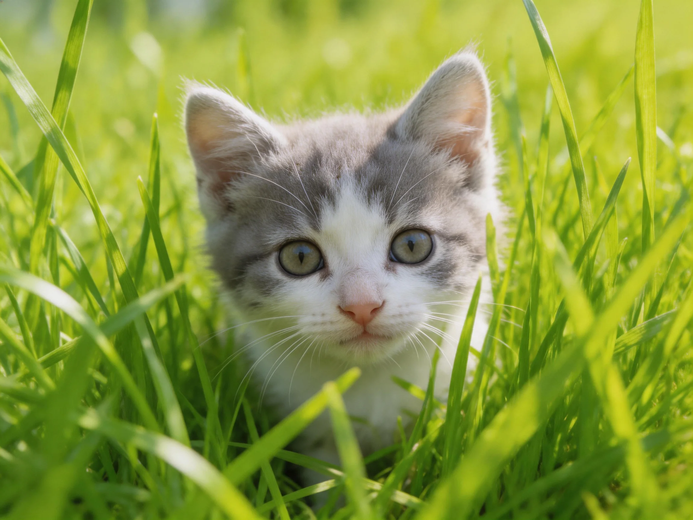 A gray and white kitten nestled in lush green grass