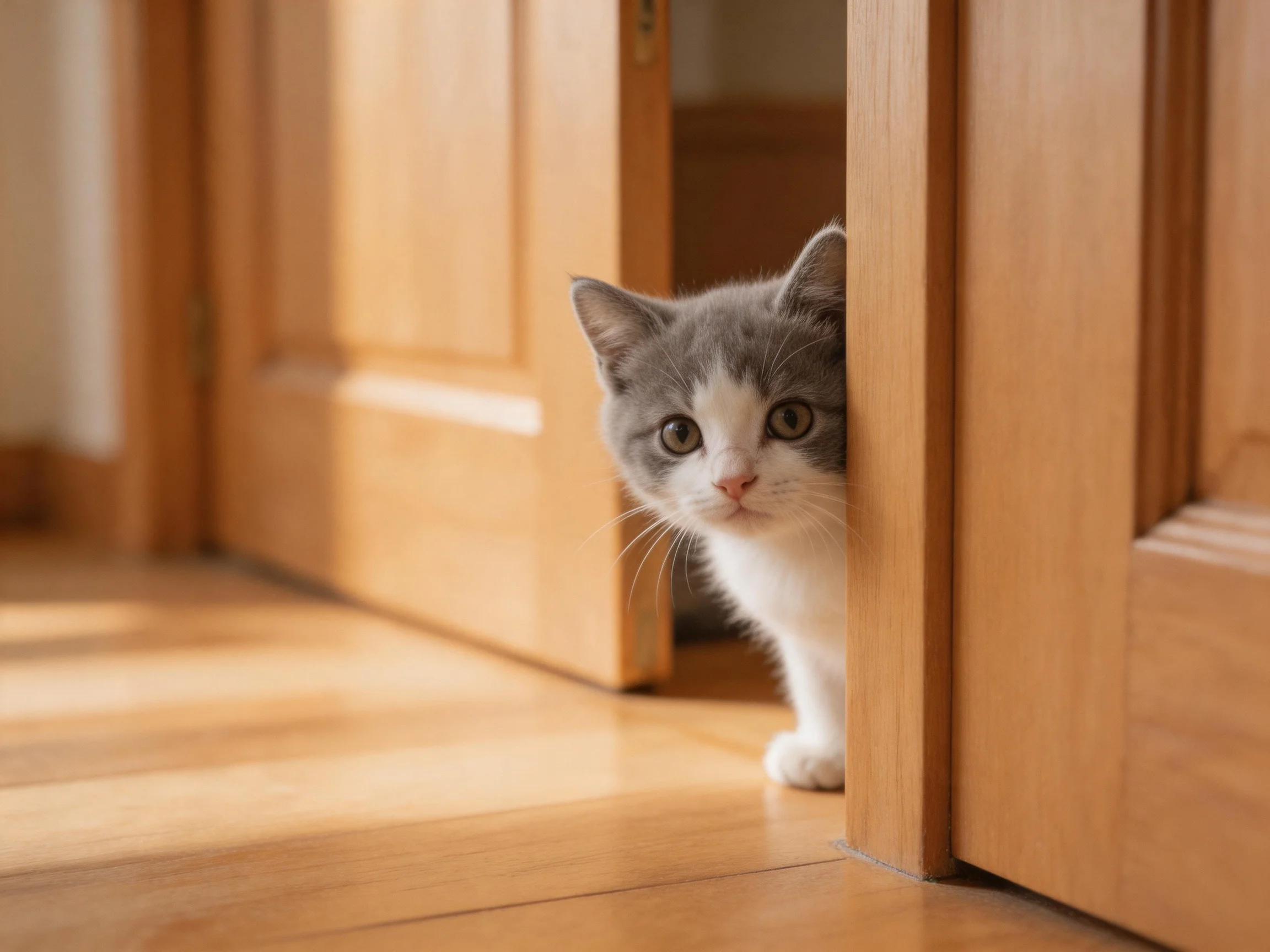 A gray-and-white kitten hides partially behind open wooden doors.