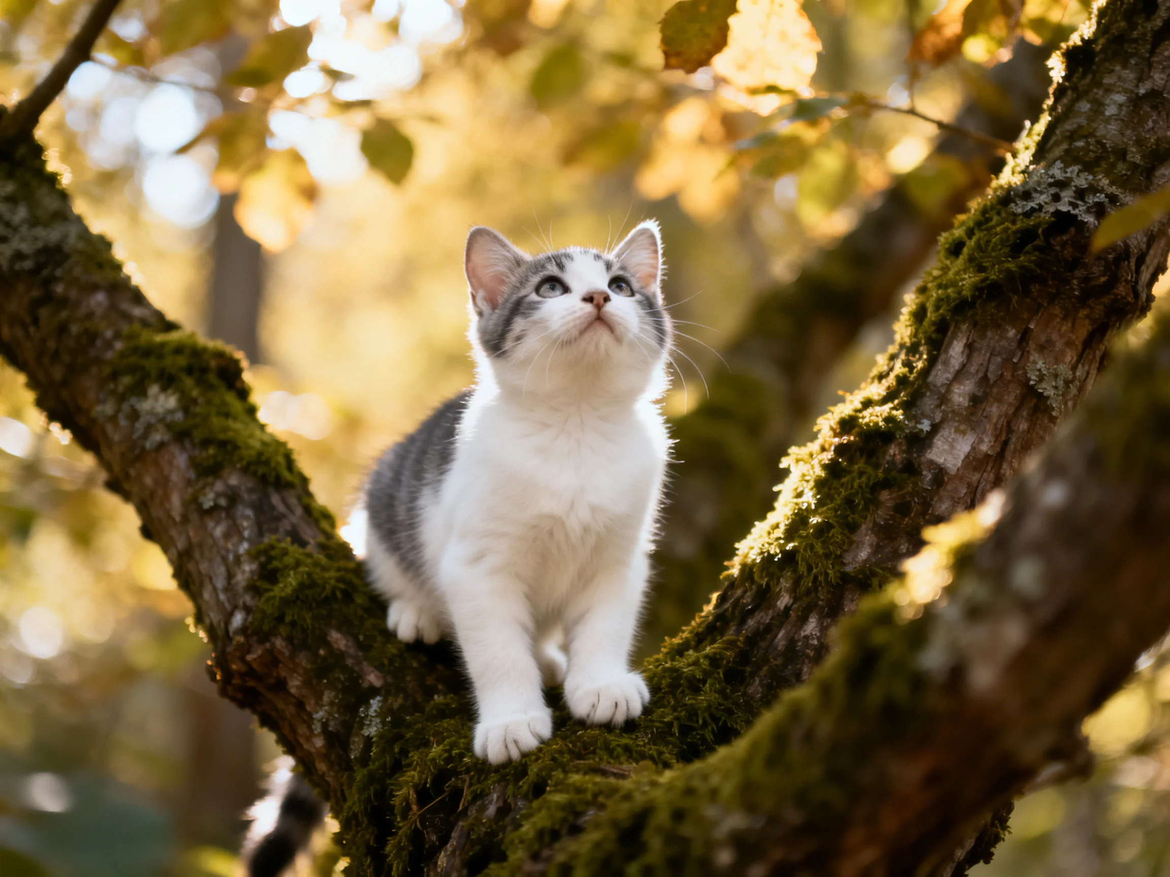 A gray-and-white kitten sits on mossy tree branches in a sunlit forest setting.