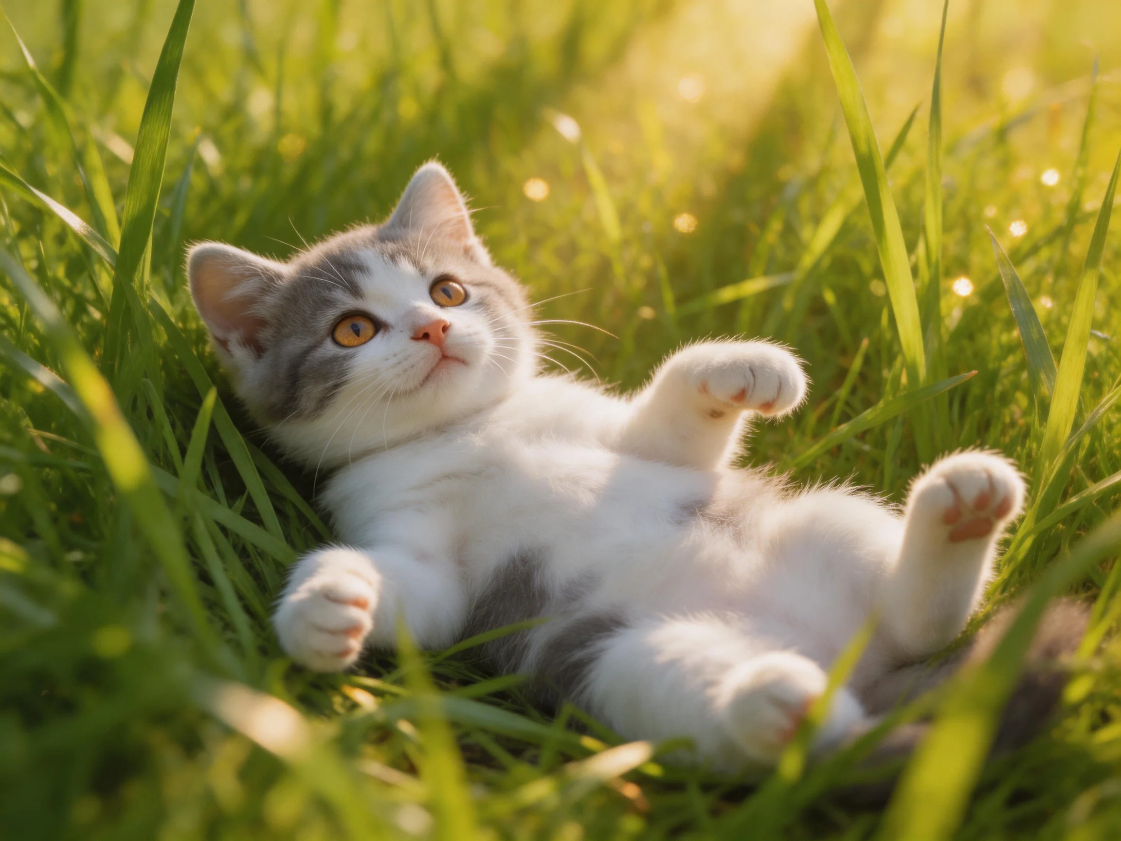 A gray and white kitten relaxes in sun-dappled green grass