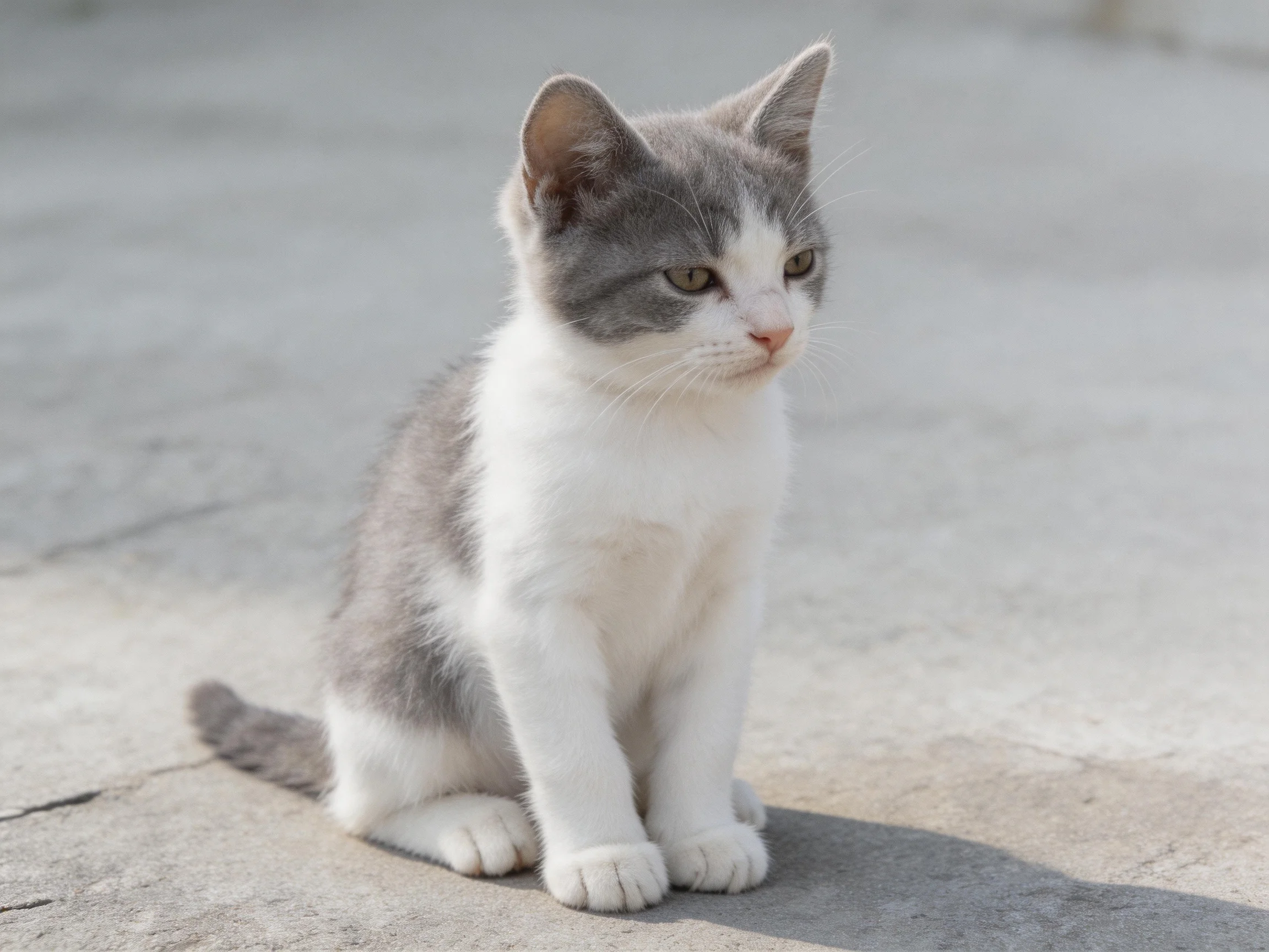 A gray and white kitten sits quietly on a smooth concrete area.